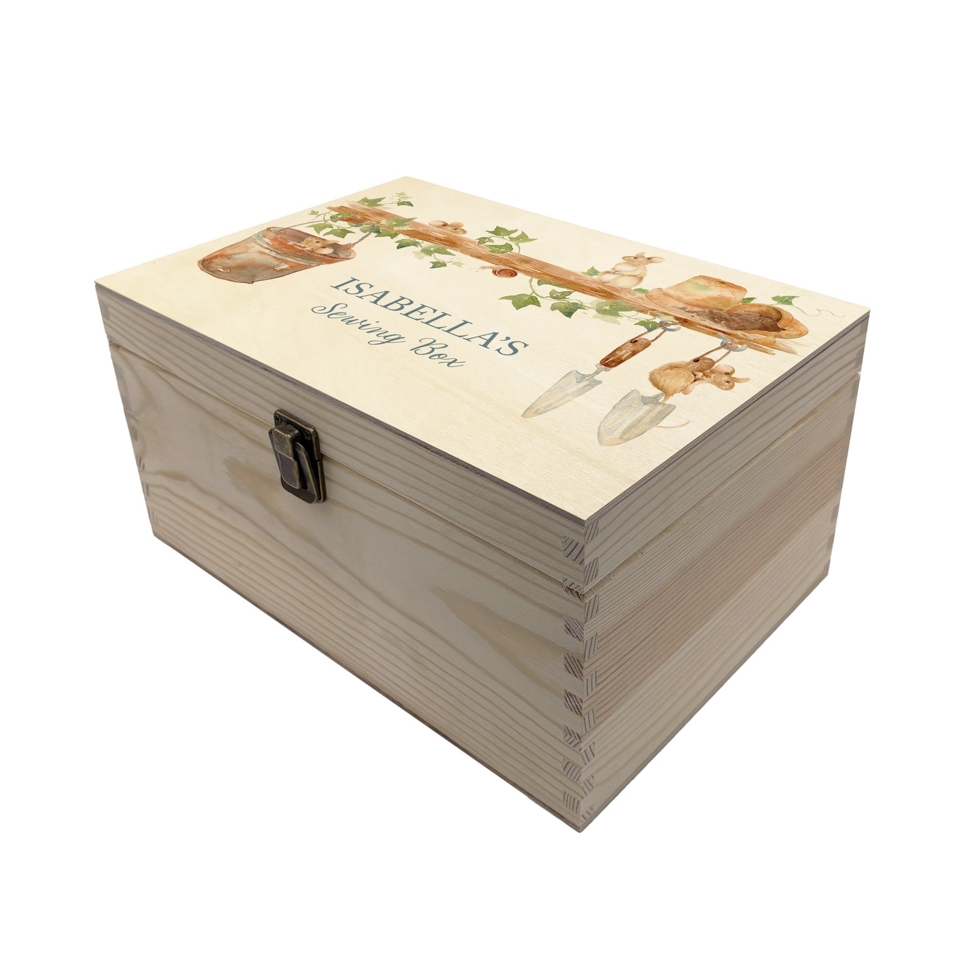 Medium wooden pine gift box, The perfect Personalised keepsake, memory box, storage box with  some mischievous mice playing on a wooden shelf filled with gardening tools and plant pots, there is also a small snail on the shelf. The design  features our classic gentle watercolour style.