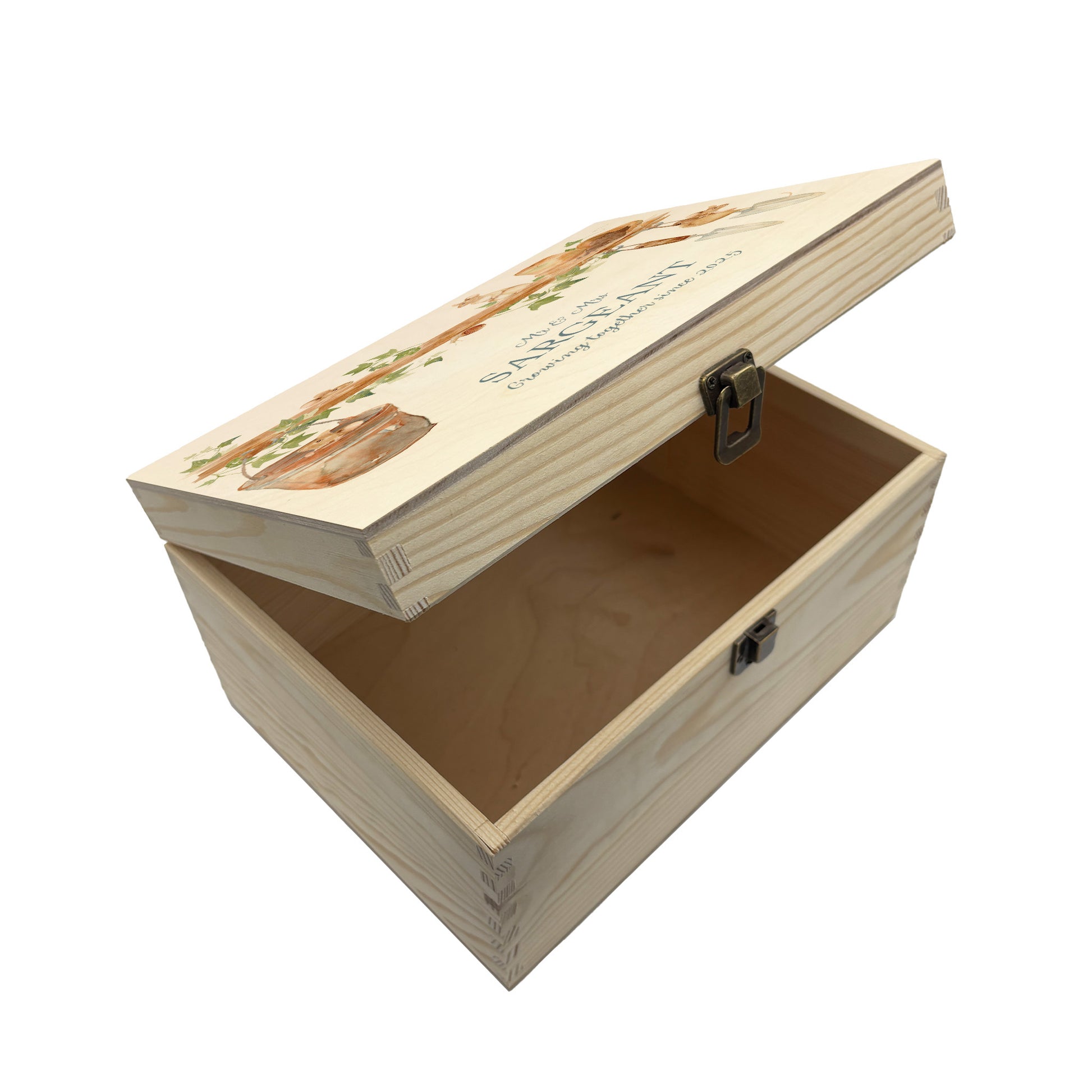 Medium wooden pine gift box, The perfect Personalised keepsake, memory box, storage box with  some mischievous mice playing on a wooden shelf filled with gardening tools and plant pots, there is also a small snail on the shelf. The design  features our classic gentle watercolour style.
