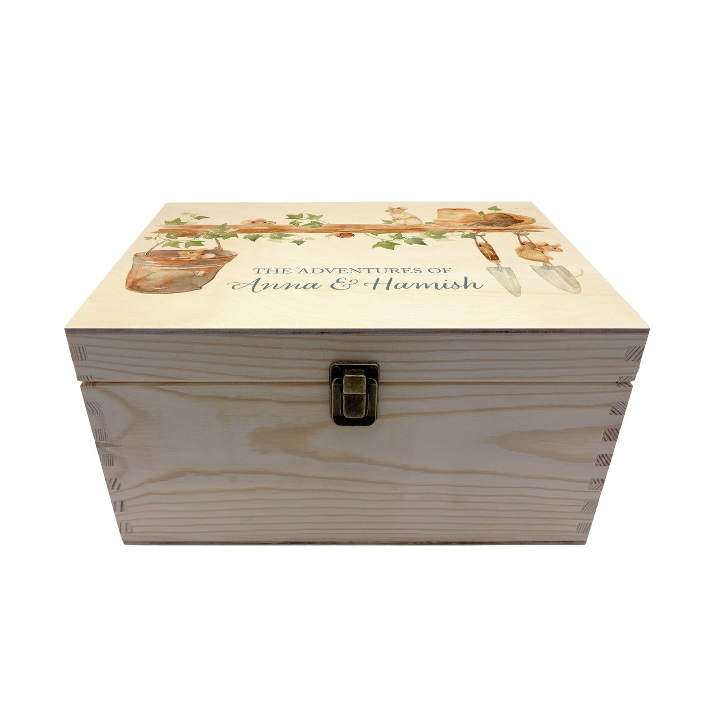 Medium wooden pine gift box, The perfect Personalised keepsake, memory box, storage box with  some mischievous mice playing on a wooden shelf filled with gardening tools and plant pots, there is also a small snail on the shelf. The design  features our classic gentle watercolour style.