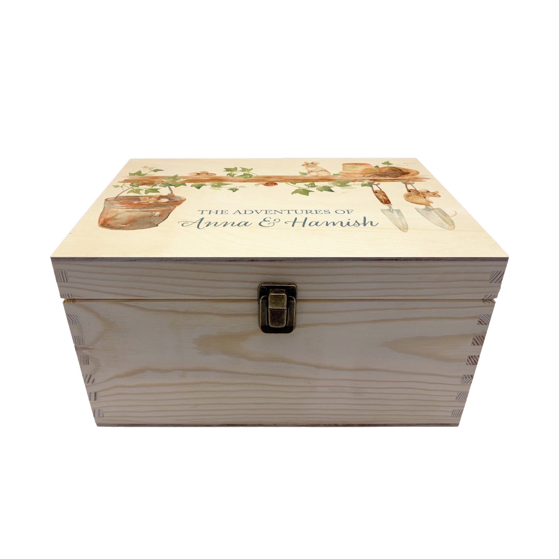 Medium wooden pine gift box, The perfect Personalised keepsake, memory box, storage box with  some mischievous mice playing on a wooden shelf filled with gardening tools and plant pots, there is also a small snail on the shelf. The design  features our classic gentle watercolour style.