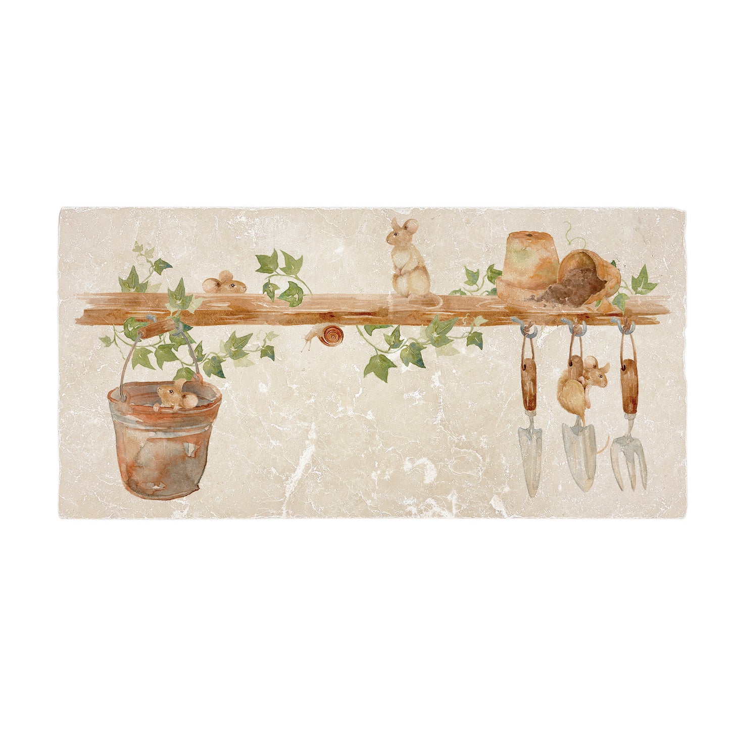 This sharing Marble serving platter, this design has some mischievous mice playing in the garden shed.