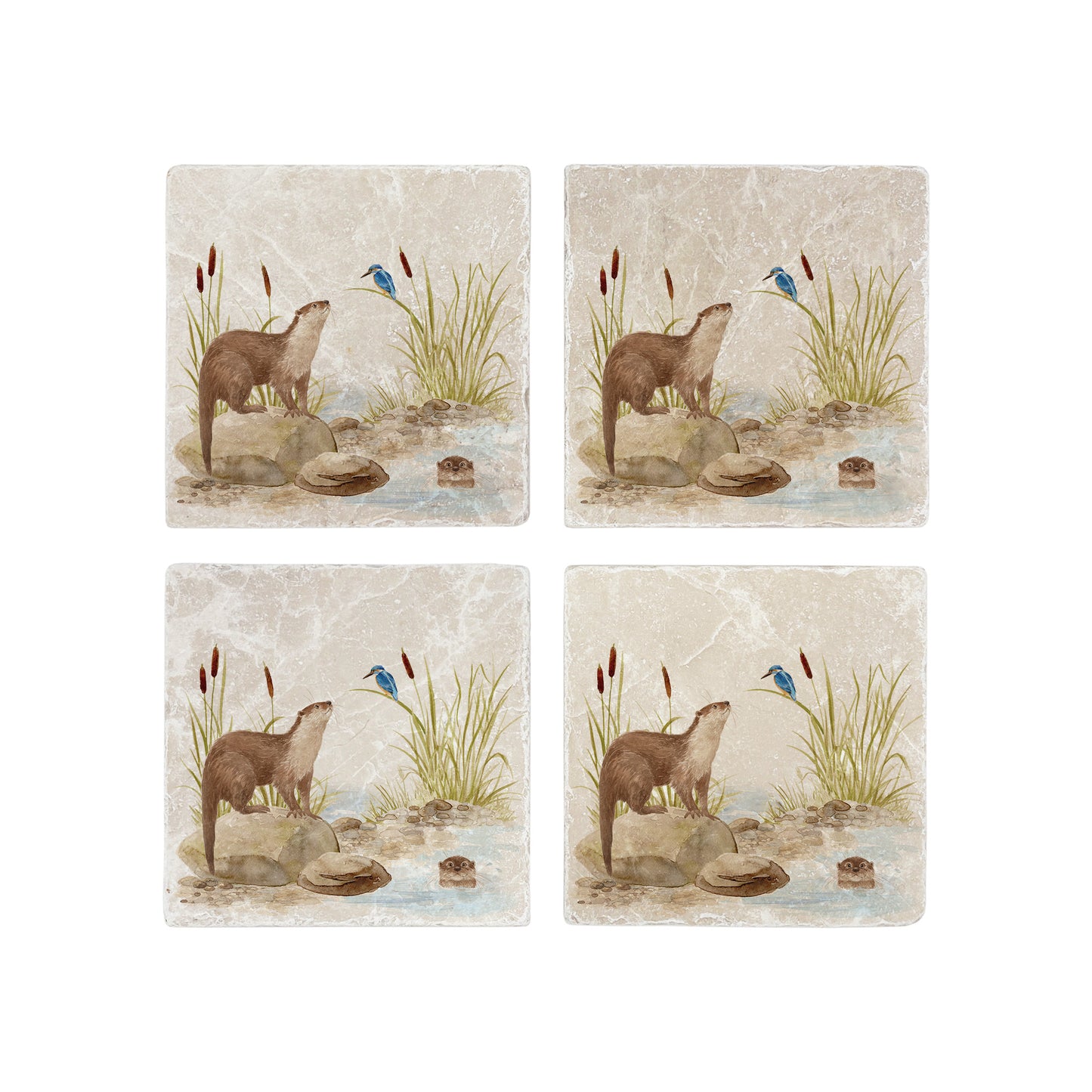 Otter and Kingfisher down by the Riverbank watercolour design on our natural marble stone platter. Perfect worktop saver.