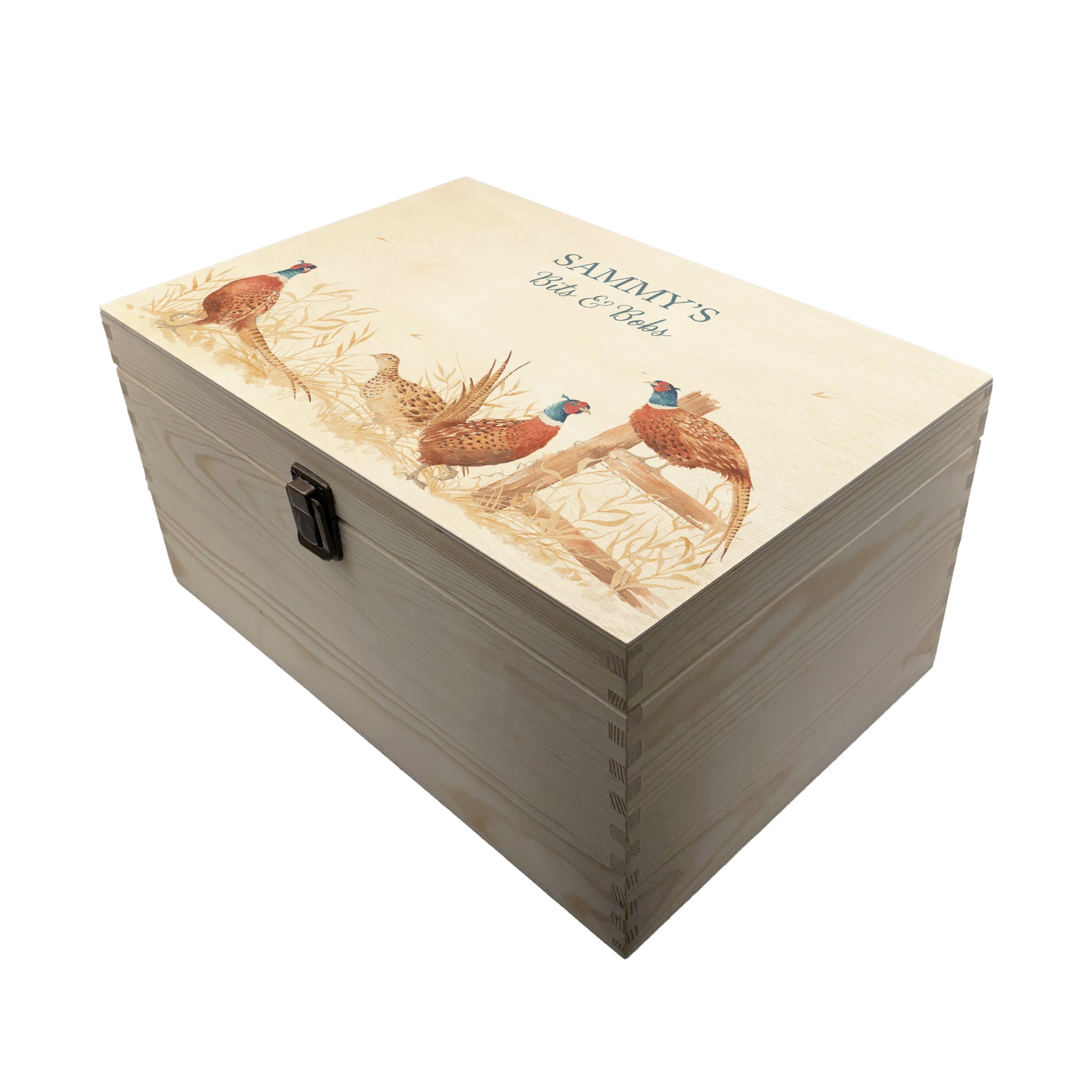 Large wooden pine gift box, The perfect Personalised keepsake, multipurpose, memory box, storage box with three male pheasants and one female pheasant in a crop field. The design  features our classic gentle watercolour style. The best was to offer a truly unique gift for a loved ones