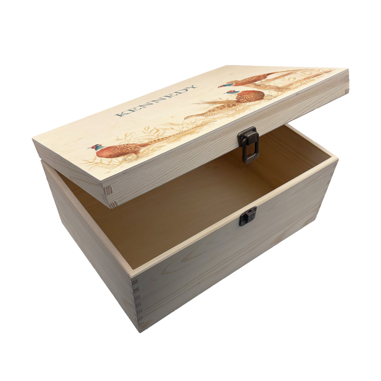 Large wooden pine gift box, The perfect Personalised keepsake, multipurpose, memory box, storage box with three male pheasants and one female pheasant in a crop field. The design features our classic gentle watercolour style. The best was to offer a truly unique gift for a loved ones