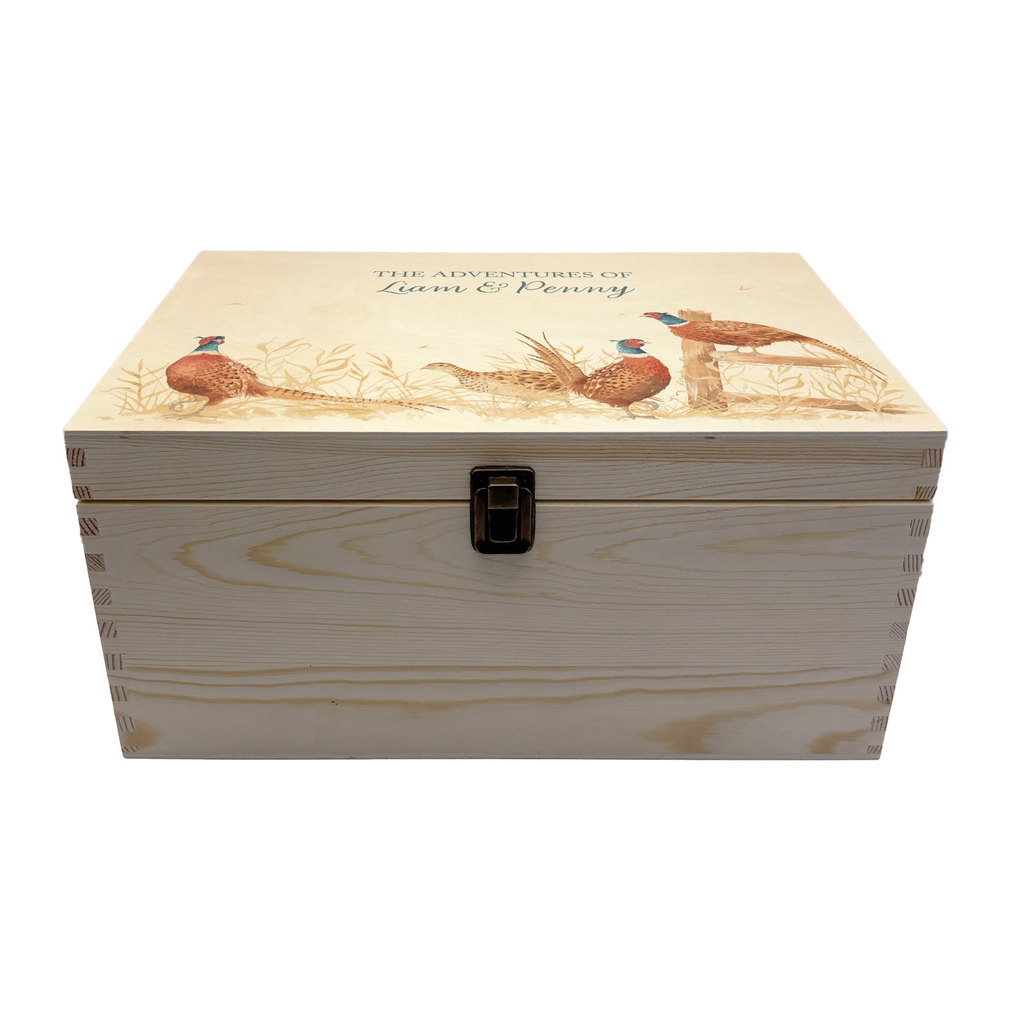 Large wooden pine gift box, The perfect Personalised keepsake, multipurpose, memory box, storage box with three male pheasants and one female pheasant in a crop field. The design features our classic gentle watercolour style. The best was to offer a truly unique gift for a loved ones
