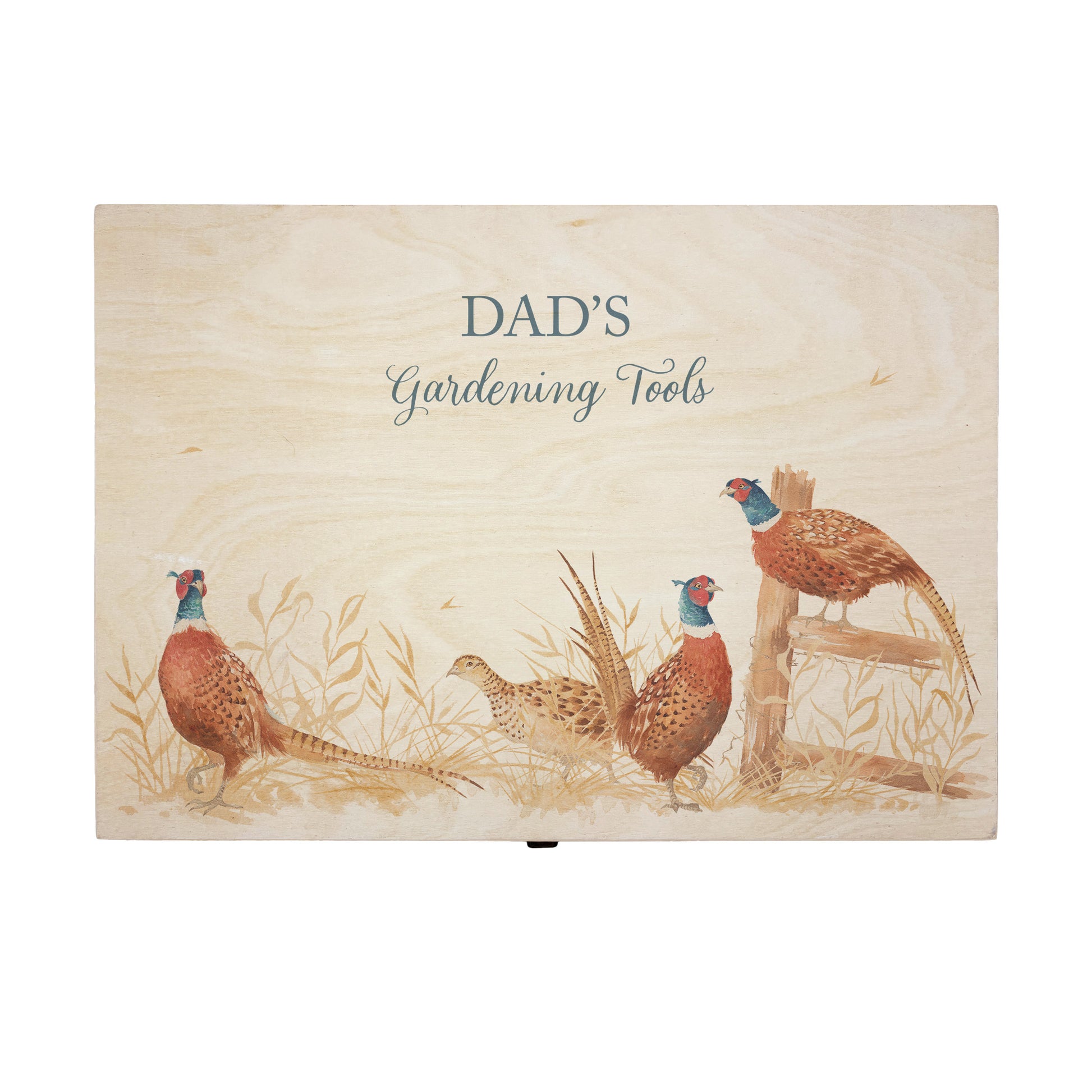 Large wooden pine gift box, The perfect Personalised keepsake, multipurpose, memory box, storage box with three male pheasants and one female pheasant in a crop field. The design  features our classic gentle watercolour style. The best was to offer a truly unique gift for a loved ones