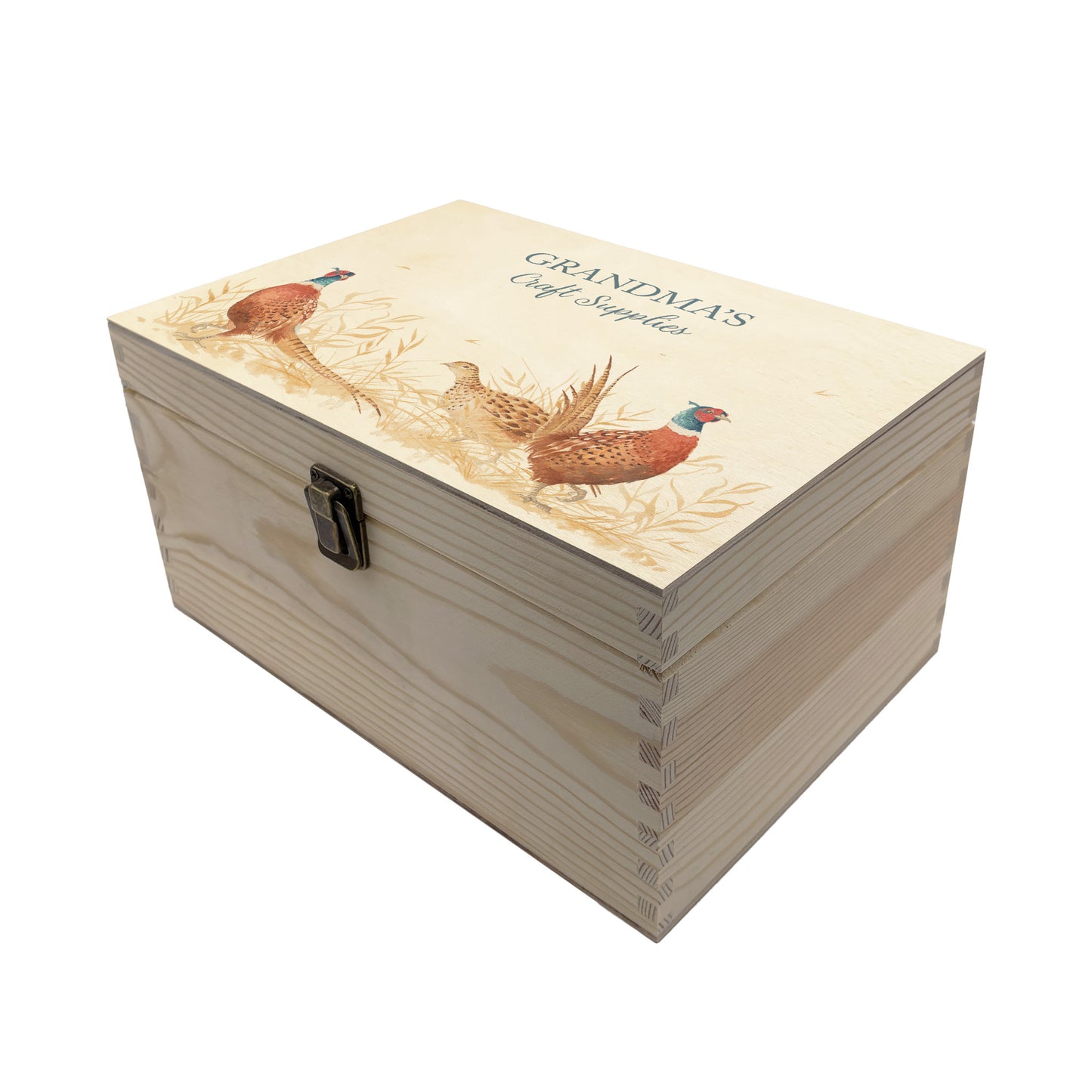 Medium wooden pine gift box, The perfect Personalised keepsake, multipurpose, memory box, storage box with three male pheasants and one female pheasant in a crop field. The design features our classic gentle watercolour style. The best was to offer a truly unique gift for a loved ones