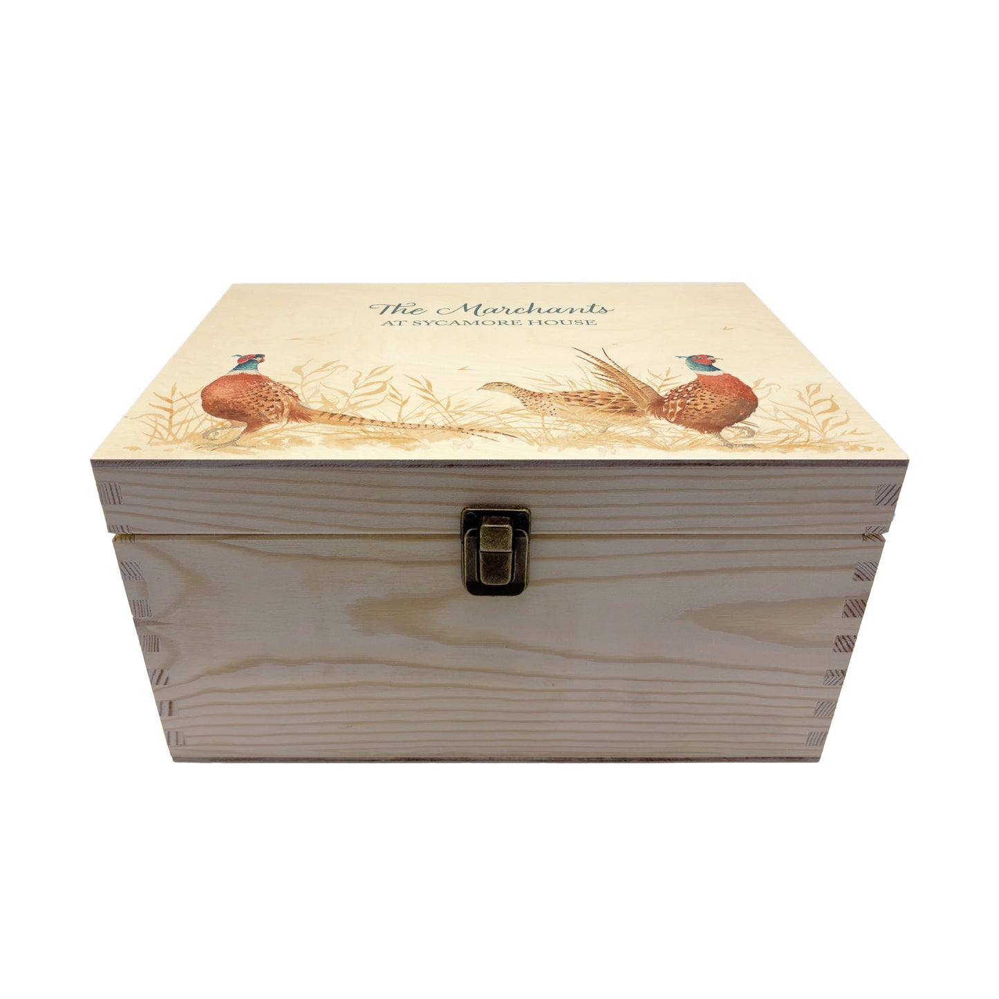 Medium wooden pine gift box, The perfect Personalised keepsake, multipurpose, memory box, storage box with three male pheasants and one female pheasant in a crop field. The design features our classic gentle watercolour style. The best was to offer a truly unique gift for a loved ones