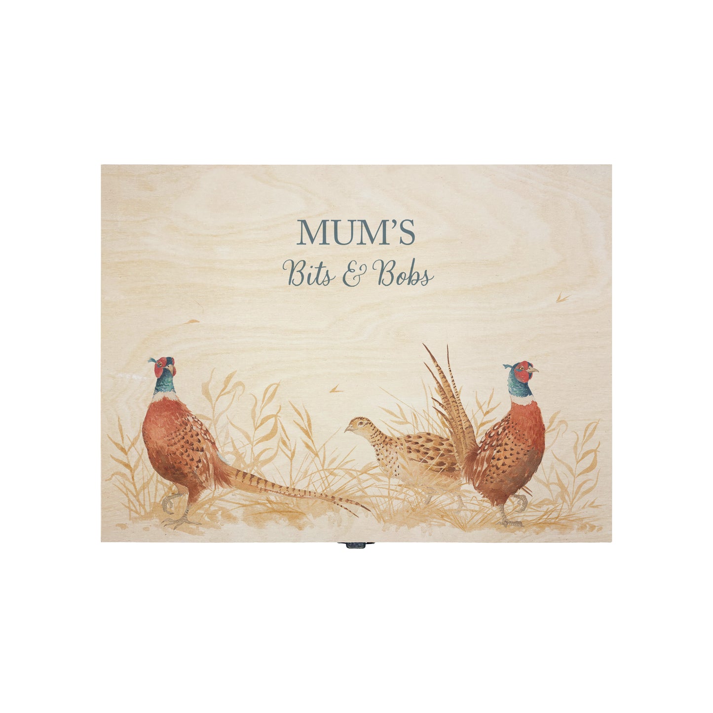 Medium wooden pine gift box, The perfect Personalised keepsake, multipurpose, memory box, storage box with three male pheasants and one female pheasant in a crop field. The design features our classic gentle watercolour style. The best was to offer a truly unique gift for a loved ones