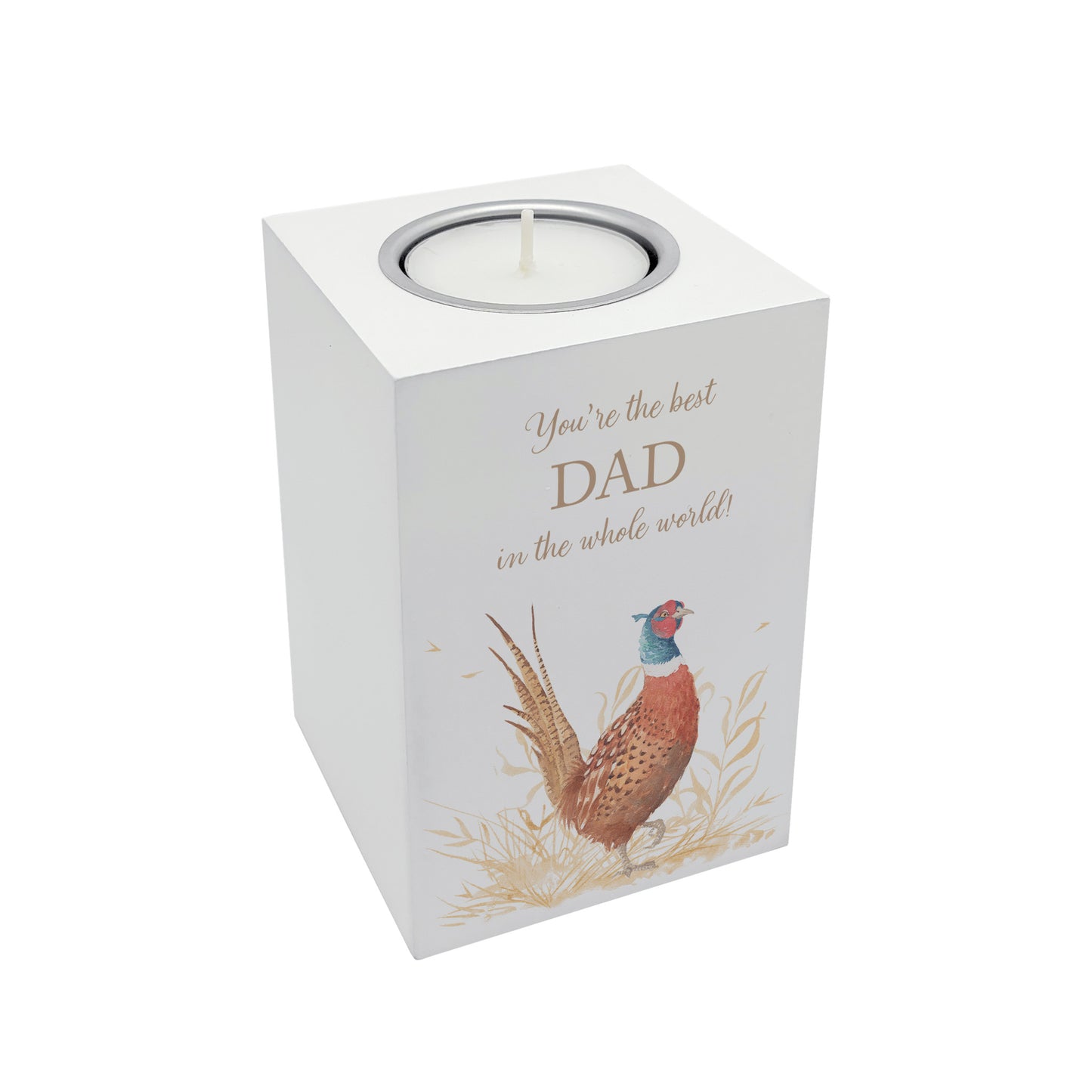 wooden cuboid luxury tealight holder with gorgeous personalised options . Each product is lovingly designed, handmade with our Countryside inspired watercolour designs. This design features a vibrant male pheasant and a farmers crop field. unique designs for a truly one off special occasion for a loved one.