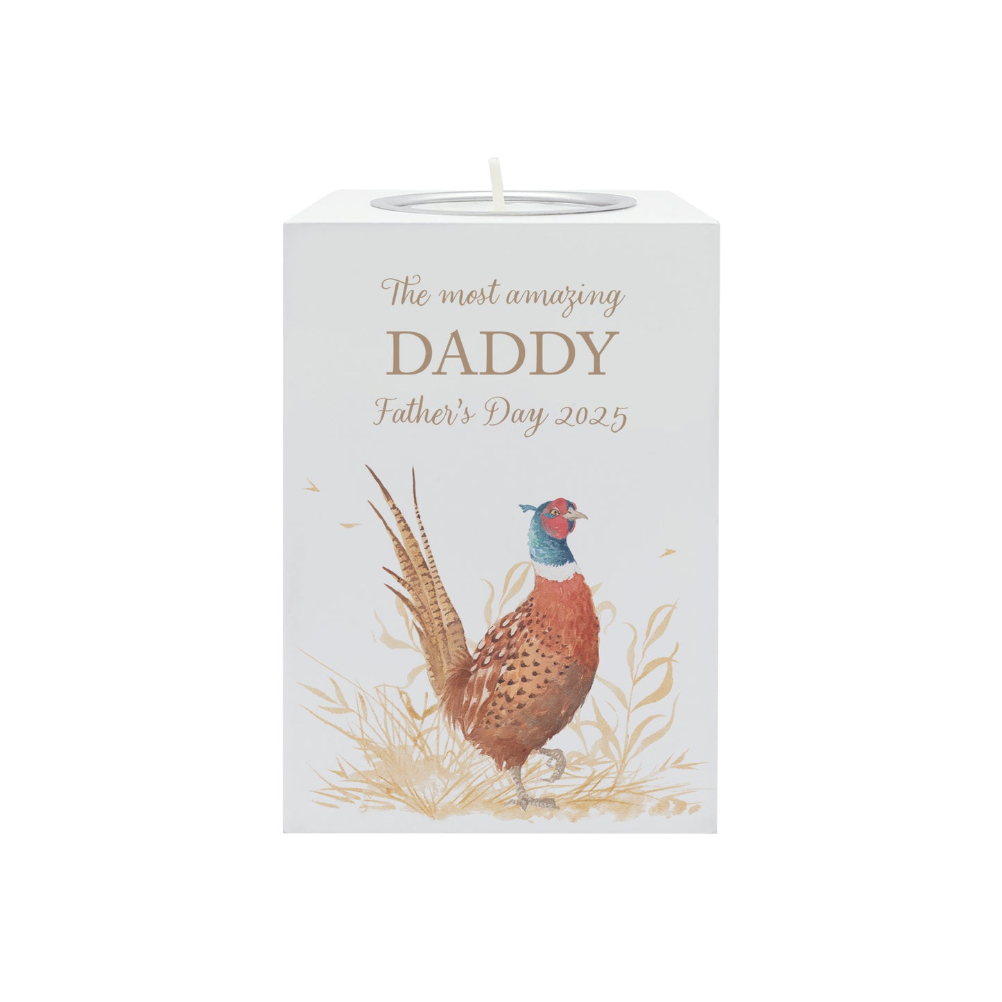 wooden cuboid luxury tealight holder with gorgeous personalised options . Each product is lovingly designed, handmade with our Countryside inspired watercolour designs. This design features a vibrant male pheasant and a farmers crop field. unique designs for a truly one off special occasion for a loved one.