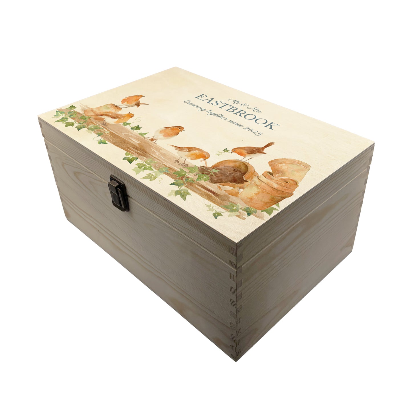 Large wooden pine gift box, The perfect Personalised keepsake, memory box, storage box with a rabble of robins playing on a greenhouse shelf covered in Ivy and plant pots, some of the robins have knocked over the plant pots leaving soil on the self. The design features our classic gentle watercolour style.