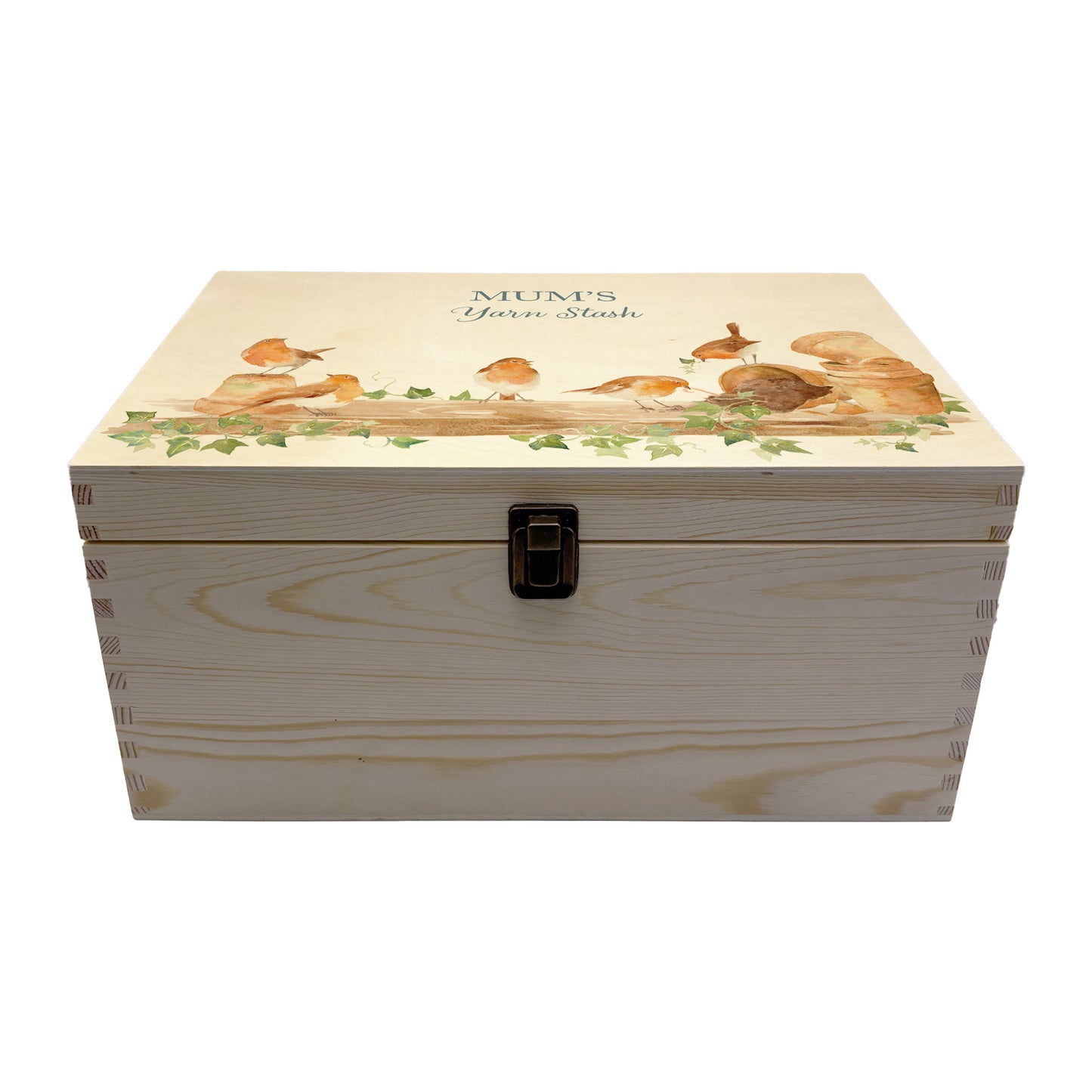 Large wooden pine gift box, The perfect Personalised keepsake, memory box, storage box with a rabble of robins playing on a greenhouse shelf covered in Ivy and plant pots, some of the robins have knocked over the plant pots leaving soil on the self. The design features our classic gentle watercolour style.