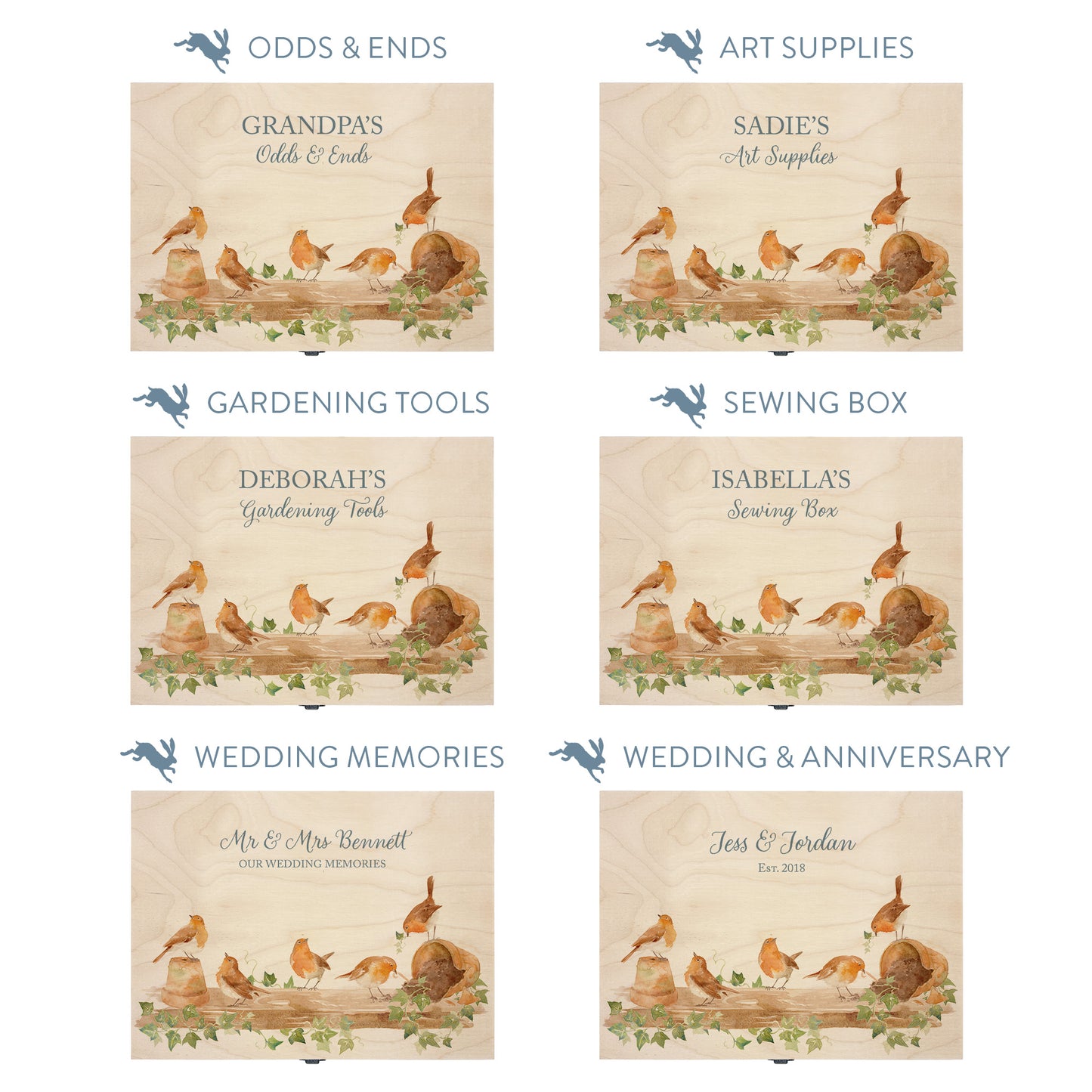 This shows our beautiful Medium wooden gift box with the various personalisation options you can choose to offer a truly customised present for a loved one. Couples names, memory boxes, keepsakes, photo storage, key boxes the uses are endless.