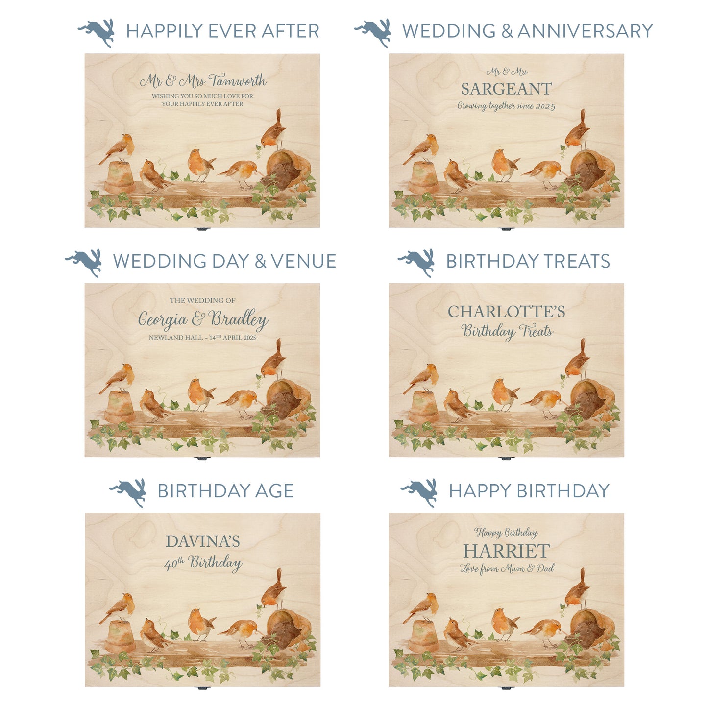 This shows our beautiful Medium wooden gift box with the various personalisation options you can choose to offer a truly customised present for a loved one. Couples names, memory boxes, keepsakes, photo storage, key boxes the uses are endless.