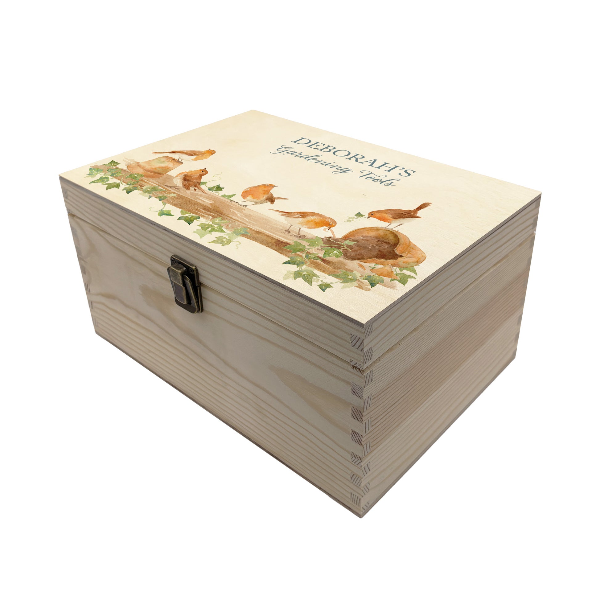 Medium wooden pine gift box, The perfect Personalised keepsake, memory box, storage box with a rabble of robins playing on a greenhouse shelf covered in Ivy and plant pots, some of the robins have knocked over the plant pots leaving soil on the self.  The design  features our classic gentle watercolour style.