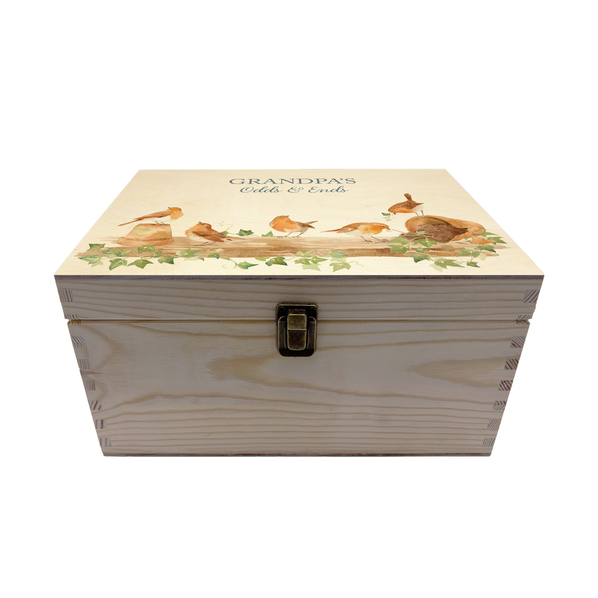 Medium wooden pine gift box, The perfect Personalised keepsake, memory box, storage box with a rabble of robins playing on a greenhouse shelf covered in Ivy and plant pots, some of the robins have knocked over the plant pots leaving soil on the self.  The design  features our classic gentle watercolour style.