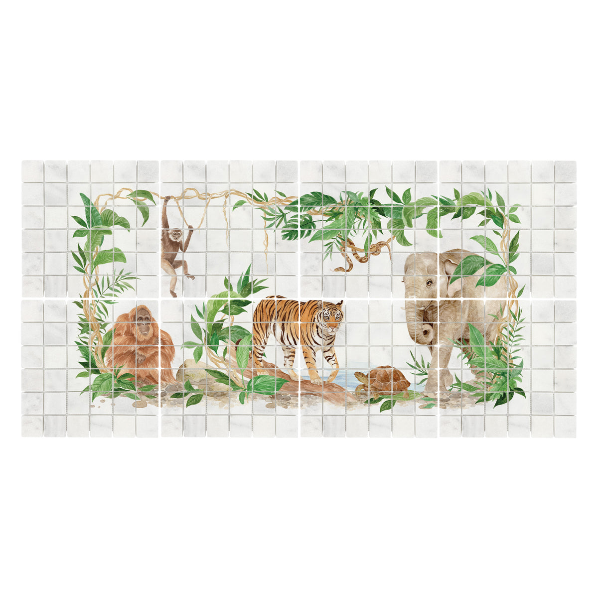 Elegant countryside artwork designed as a luxury kitchen splashback, with rainforest animals featuring as the centrepiece