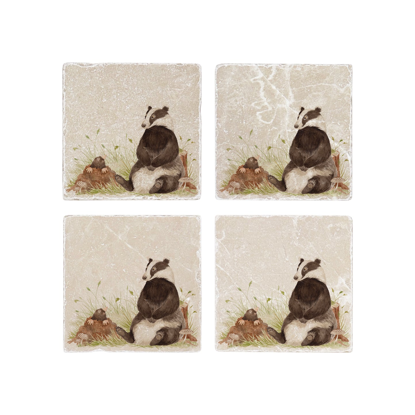 Water colour Badger and Mole marble coaster set of 4.
