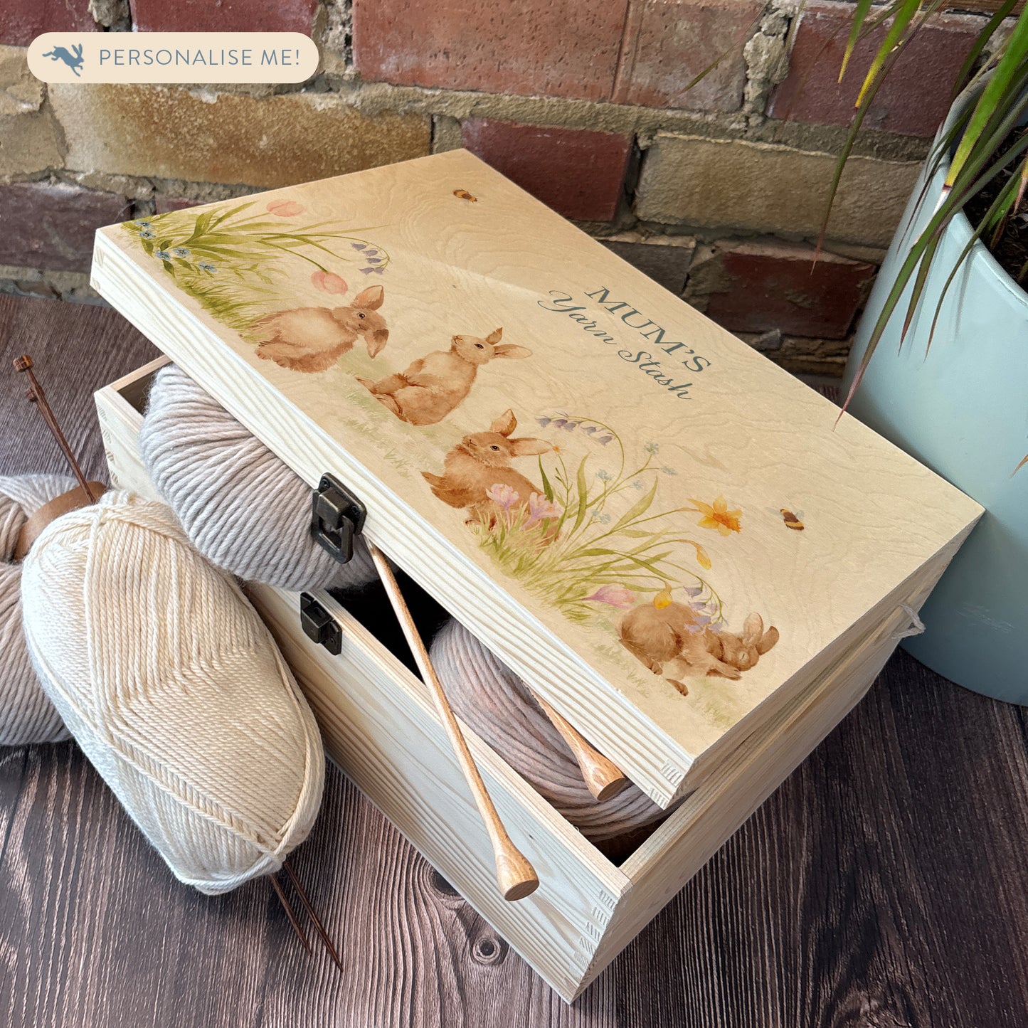 Large wooden pine gift box, The perfect Personalised keepsake, memory box, storage box with lots of Bunnies having fun in an array of colourful flowers in a classic gentle watercolour style. Perfect for storing your knitting or sewing tools and equipment.