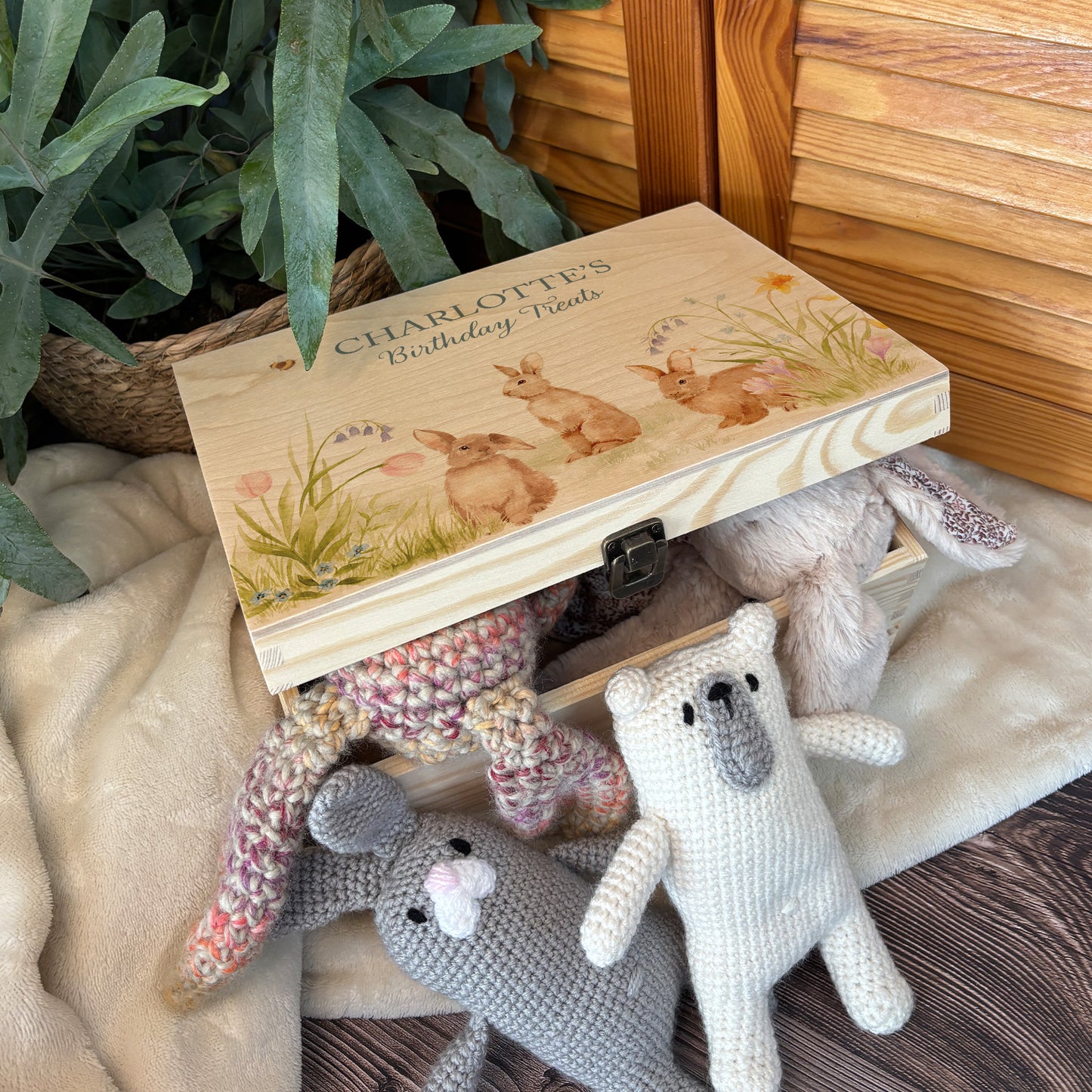 Medium wooden pine gift box, The perfect Personalised keepsake, memory box, storage box with lots of Bunnies having fun in an array of colourful flowers in a classic gentle watercolour style. great to keep small treasures and keepsakes in for the little ones our yourself to et organised. Perfect for the OCD lover!