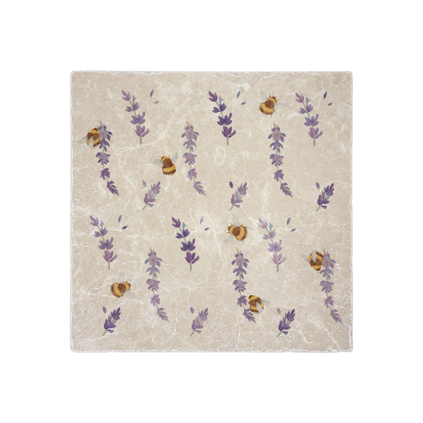 A handmade 20x20cm marble splashback tile featuring a watercolour design of lavender and bees.