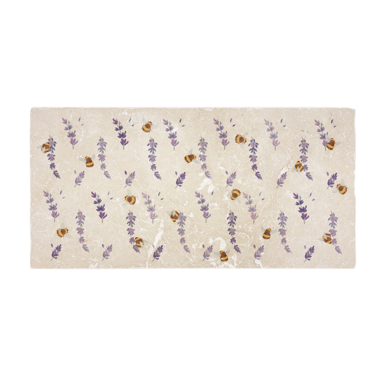 A handmade 20x40cm marble splashback tile featuring a watercolour design of bees and lavender.