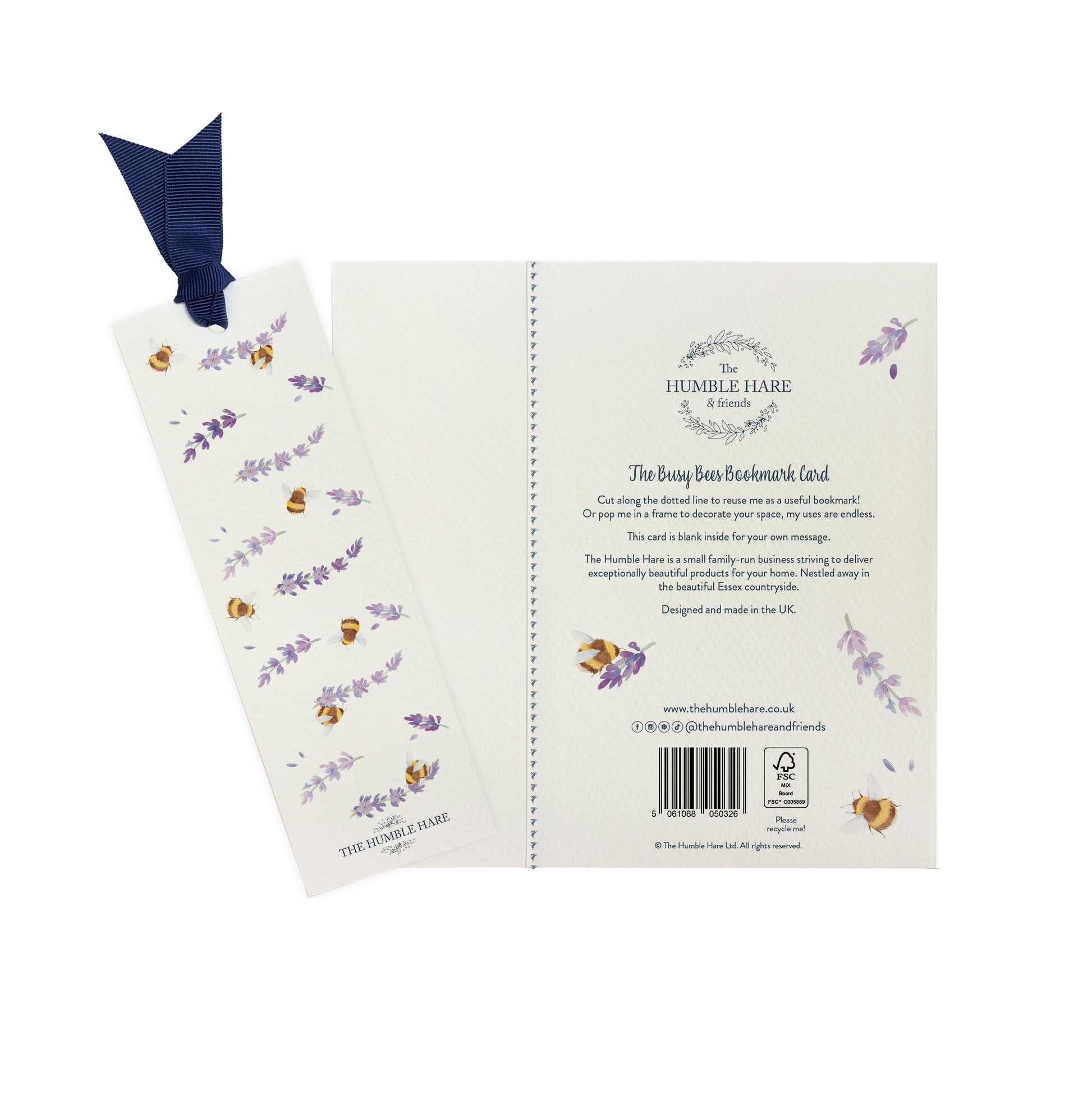 The back of a greetings card showing that it can be reused as a bookmark featuring a watercolour busy bees and purple lavender flowers pattern.