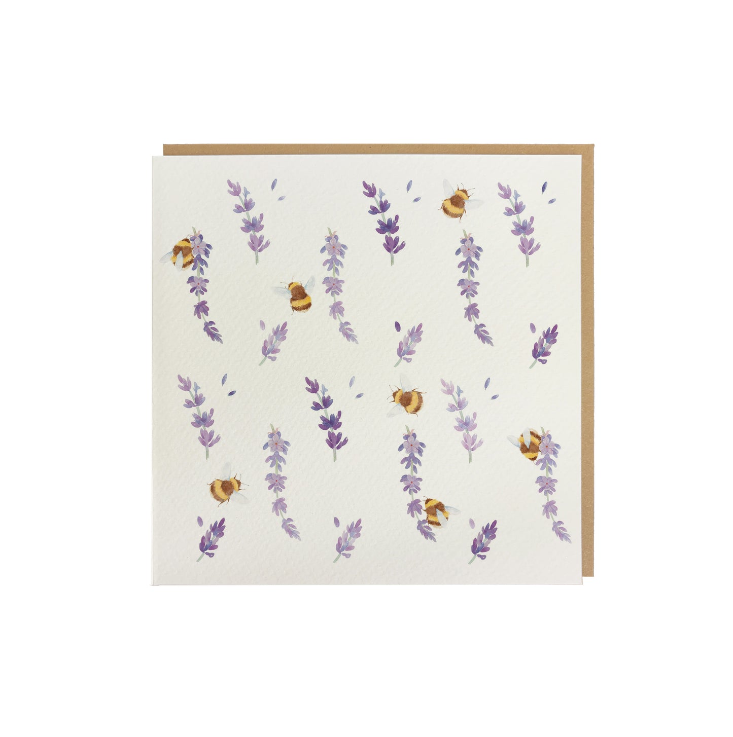 A square greetings card with a watercolour bee and lavender flower pattern. The card is supplied with a brown kraft envelope.