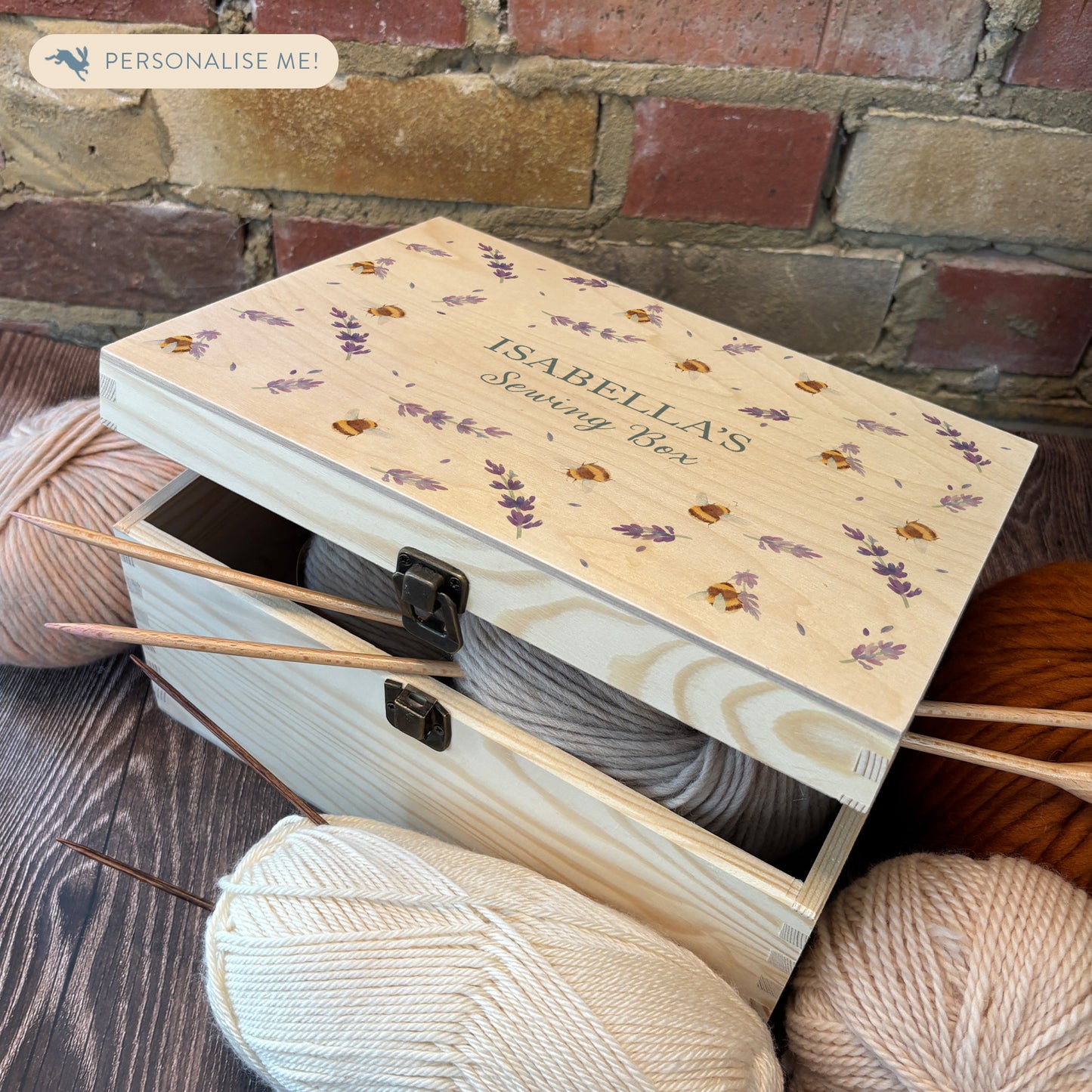 Medium wooden pine gift box, The perfect Personalised keepsake, memory box, storage box with a gentle watercolour Lavender and Bees Storage for your keepsakes knitting and sewing