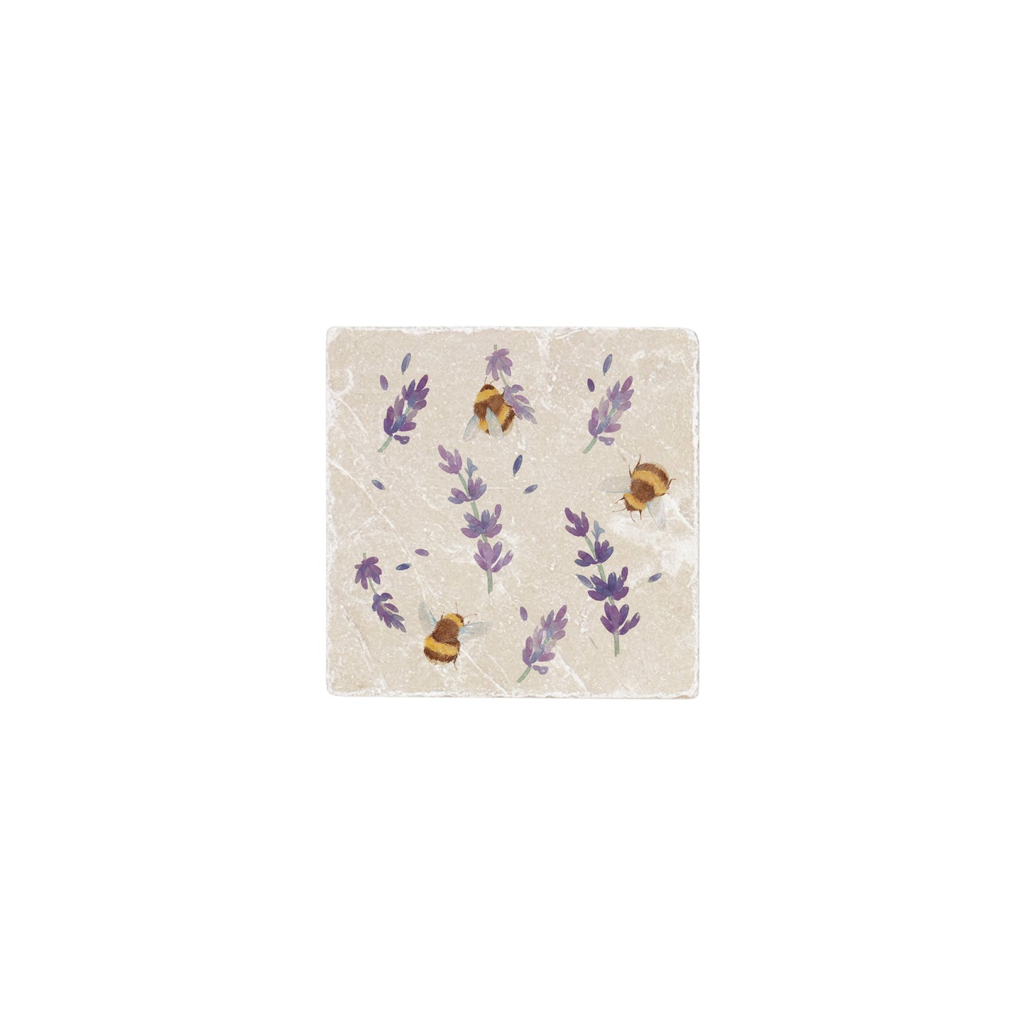 A handmade marble splashback tile featuring a watercolour pattern of bees and lavender flowers.