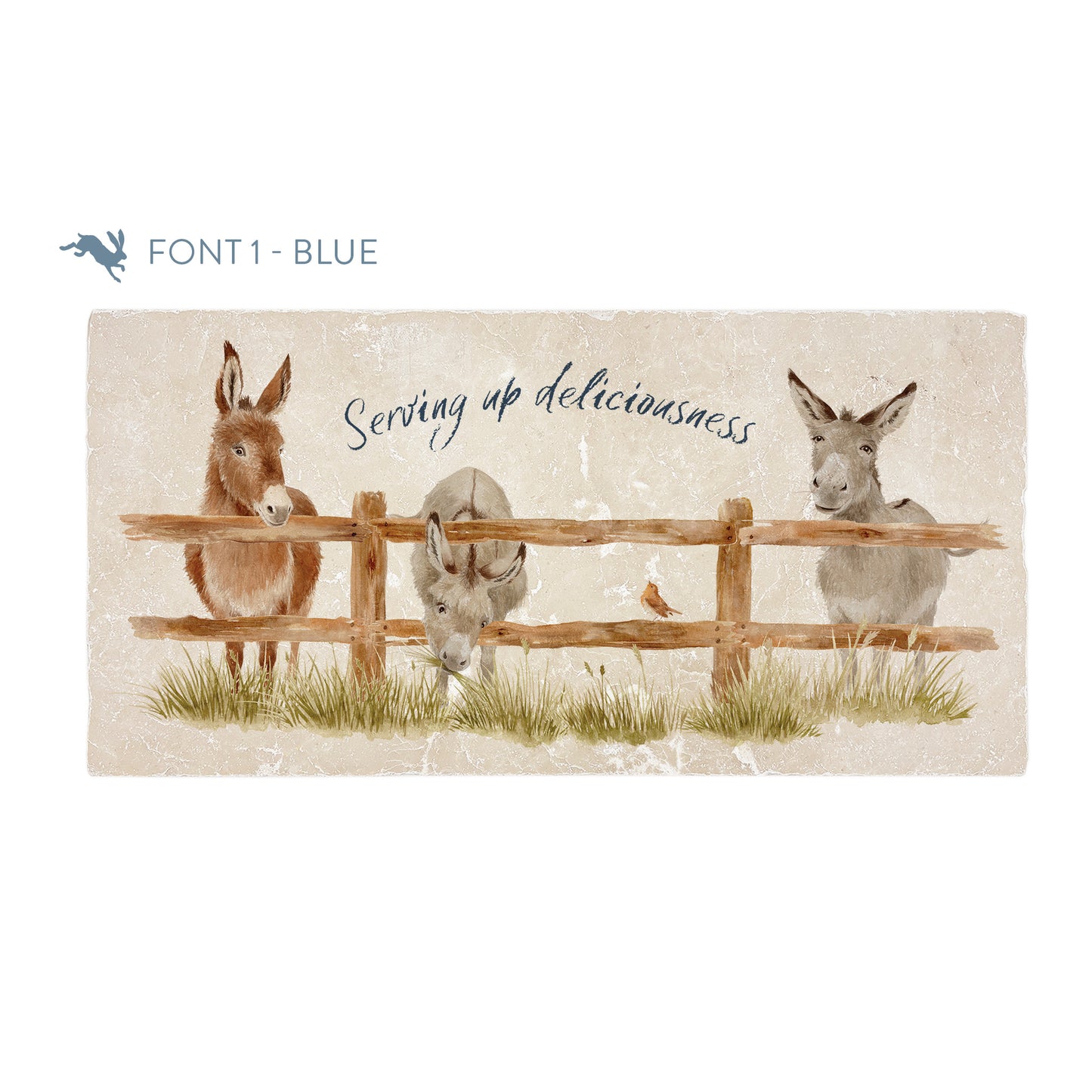 A personalised rectangular marble sharing platter featuring a herd of donkeys in a watercolour style. The example personalised blue text reads ‘Serving up deliciousness' in a brush script font.