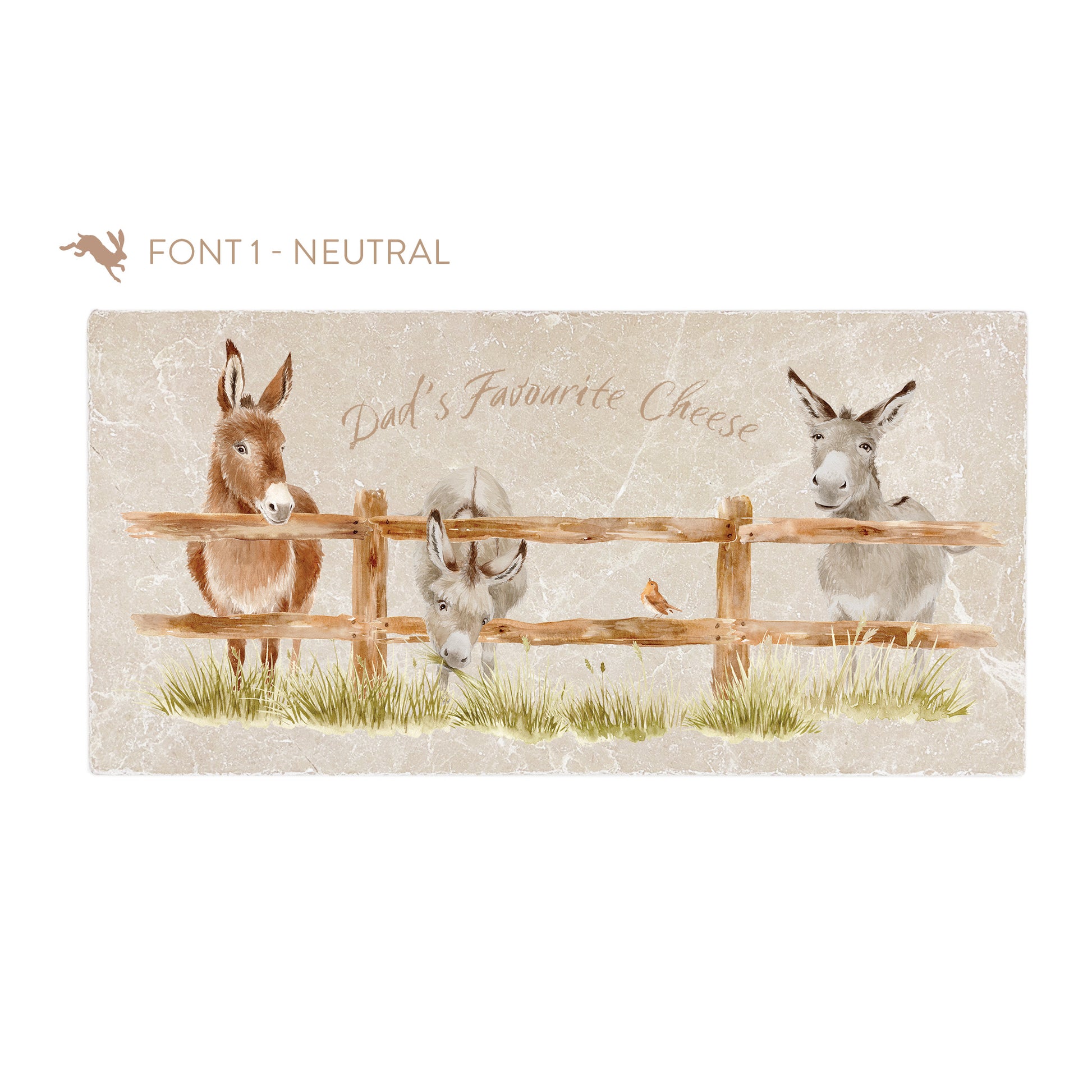 A personalised rectangular marble sharing platter featuring a herd of donkeys in a watercolour style. The example personalised neutral colour text reads ‘Dad's Favourite Cheese’ in a brush script font.