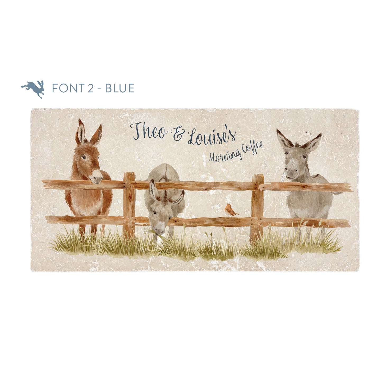 A personalised rectangular marble sharing platter featuring a herd of donkeys in a watercolour style. The example personalised blue text reads ‘Theo and Louise's Morning Coffee' in an elegant script font.