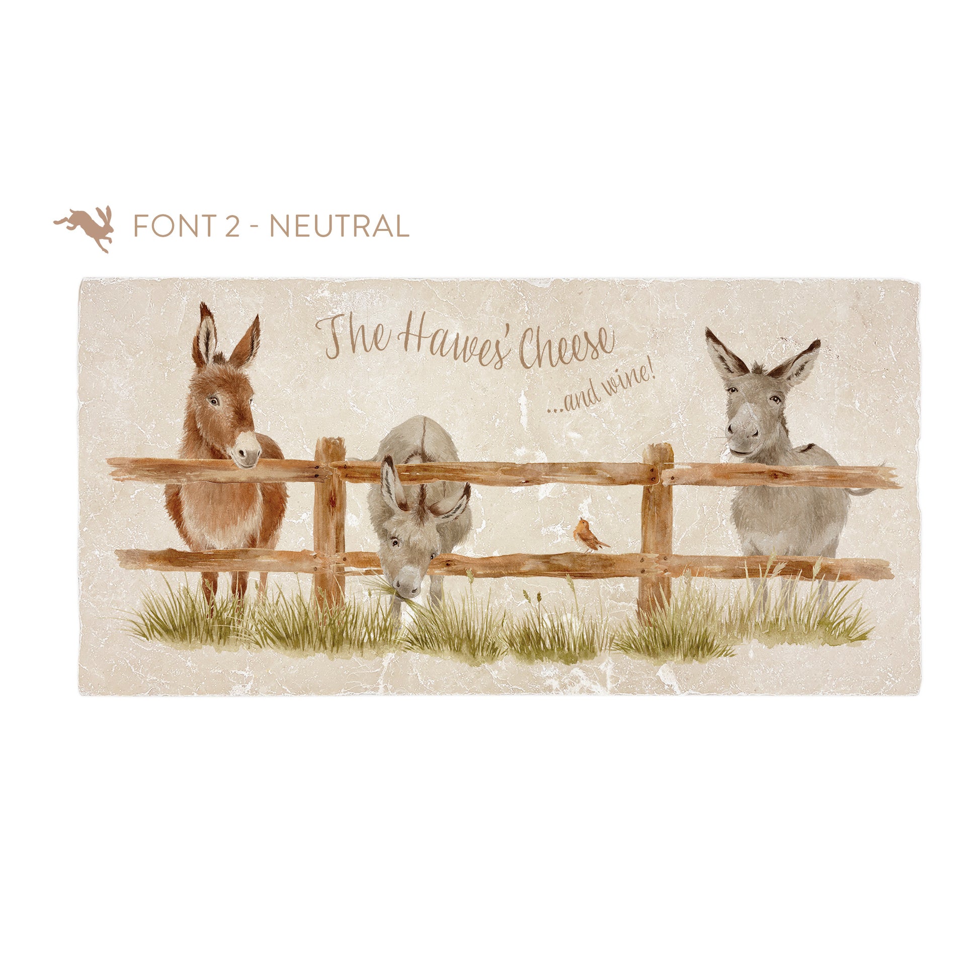 A personalised rectangular marble sharing platter featuring a herd of donkeys in a watercolour style. The example personalised neutral colour text reads ‘The Hawes' Cheese... and wine!' in an elegant script font.