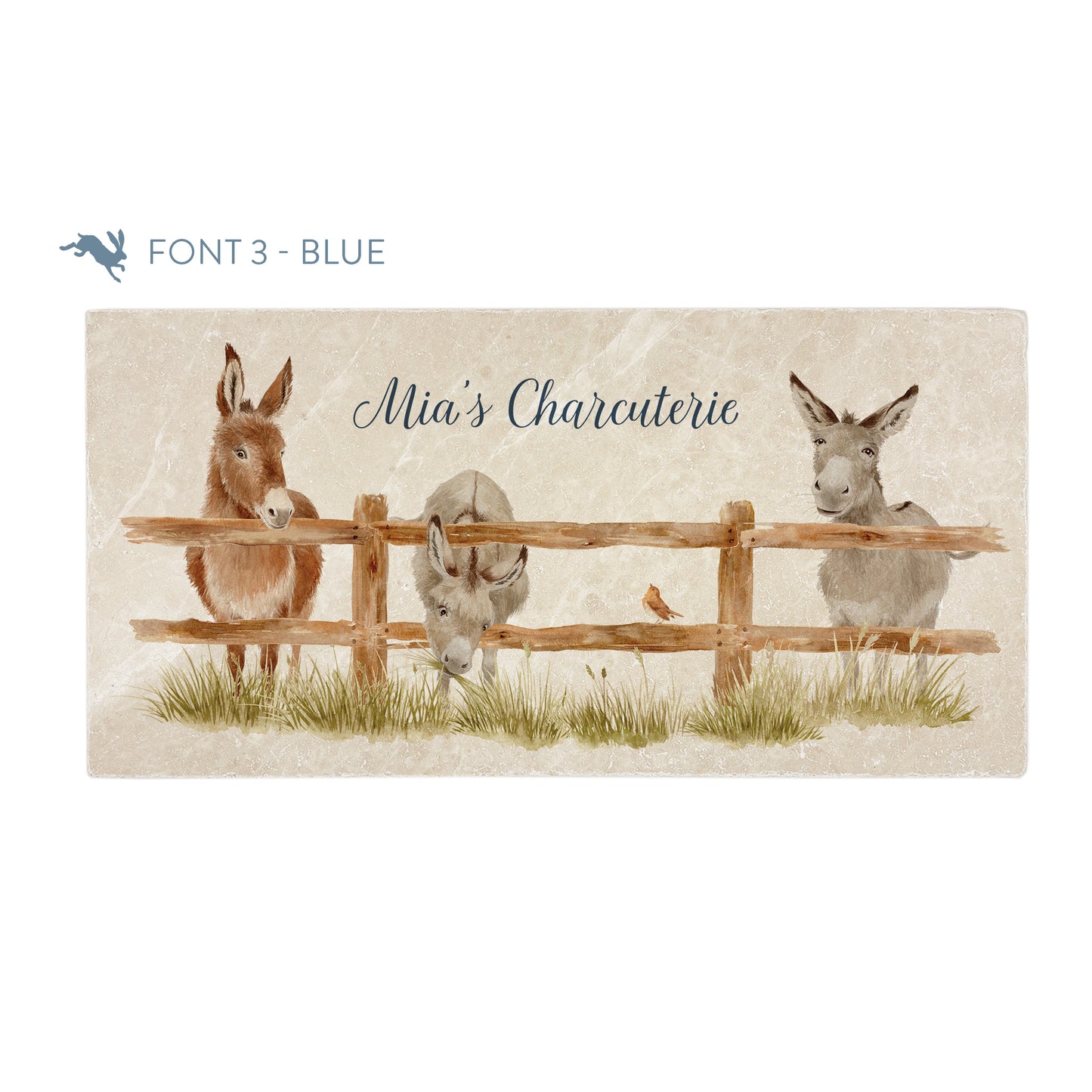 A personalised rectangular marble sharing platter featuring a herd of donkeys in a watercolour style. The example personalised blue text reads ‘Mia's Charcuterie' in an elegant script font.
