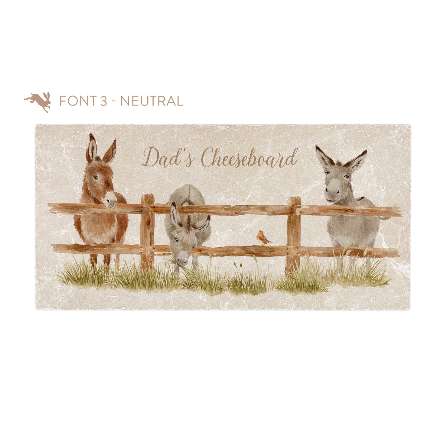 A personalised rectangular marble sharing platter featuring a herd of donkeys in a watercolour style. The example personalised neutral colour text reads ‘Dad's Cheeseboard’ in an elegant script font.