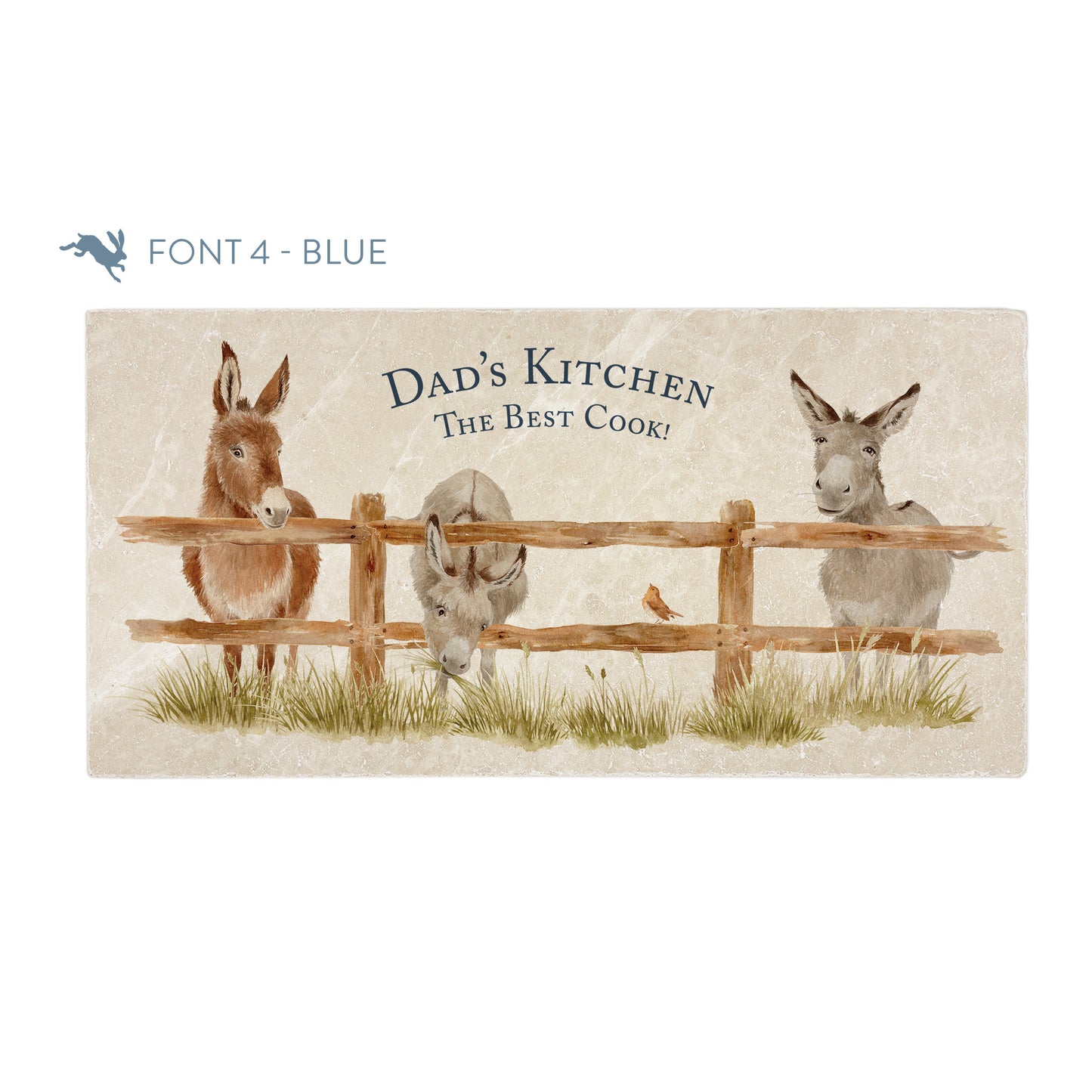 A personalised rectangular marble sharing platter featuring a herd of donkeys in a watercolour style. The example personalised dark blue text reads ‘Dad's Kitchen, The Best Cook!’ in a classic serif font.
