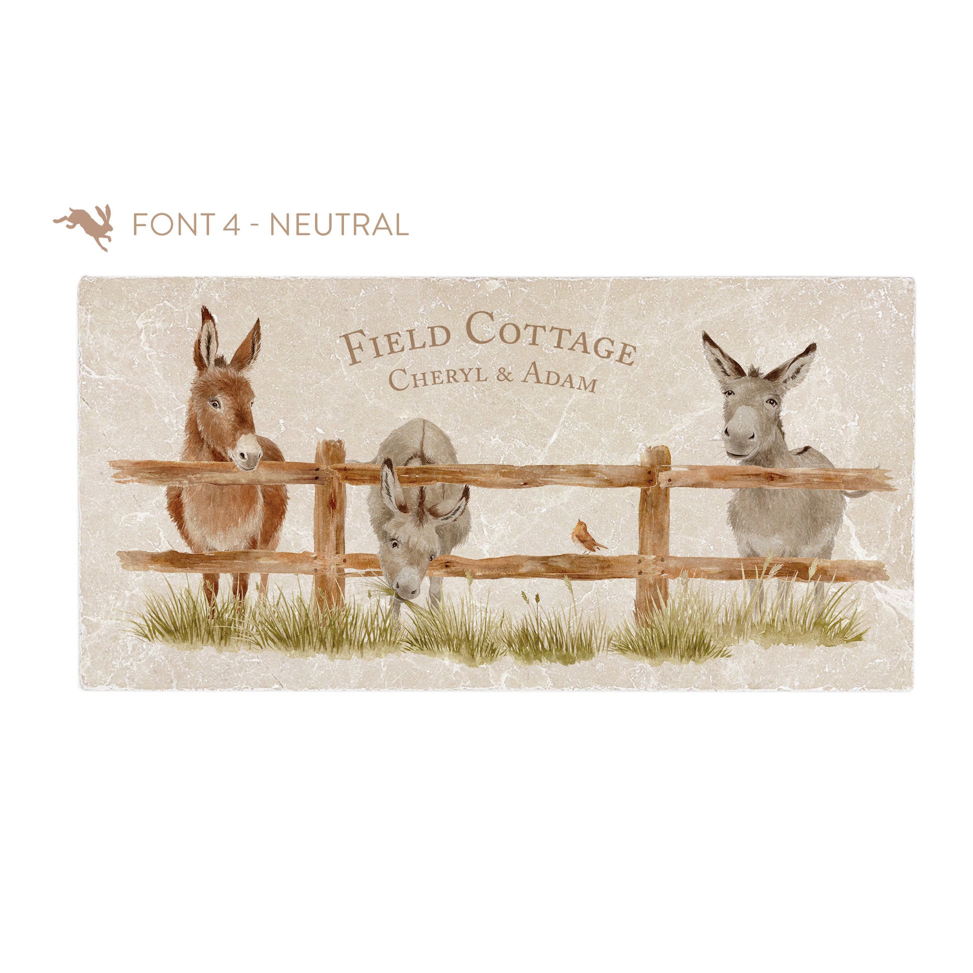 A personalised rectangular marble sharing platter featuring a herd of donkeys in a watercolour style. The example personalised neutral colour text reads ‘Field Cottage, Cheryl and Adam' in a classic serif font.