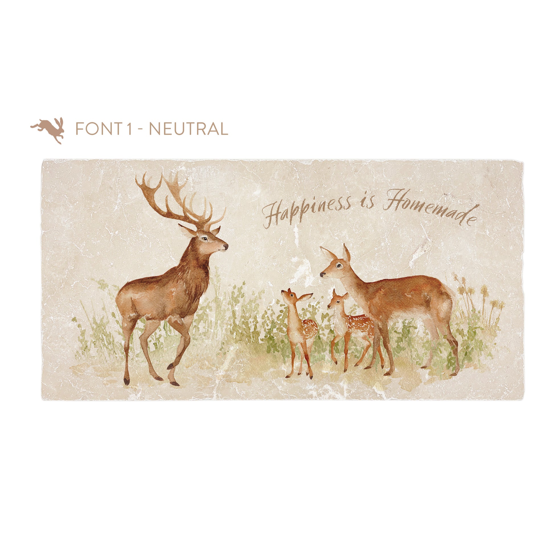 A personalised rectangular marble sharing platter featuring a family of deer in a watercolour style. The example personalised neutral colour text reads ‘Happiness is Homemade’ in a brush script font.