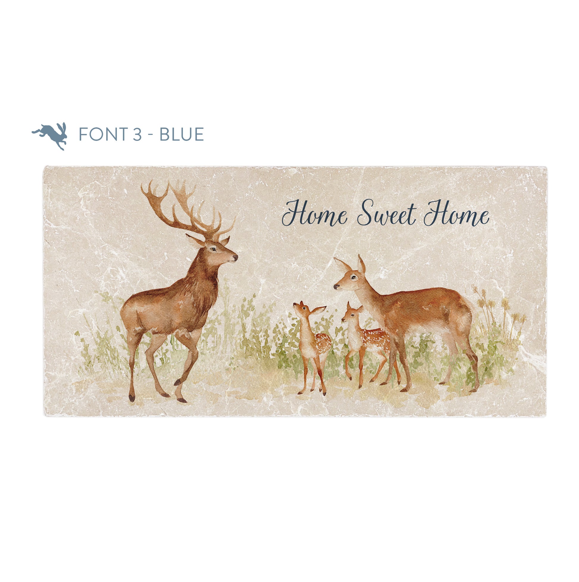 A personalised rectangular marble sharing platter featuring a family of deer in a watercolour style. The example personalised dark blue text reads ‘Home Sweet Home’ in a brush script font.