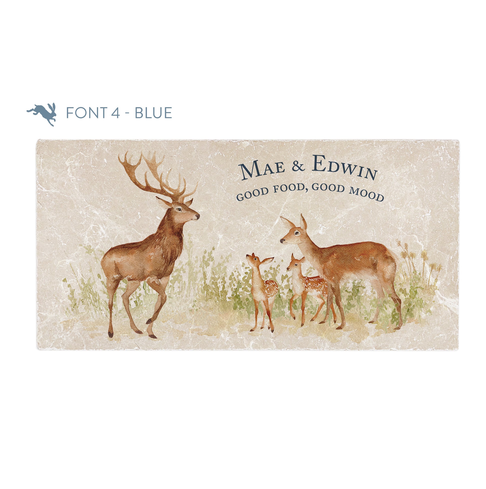 A personalised rectangular marble sharing platter featuring a family of deer in a watercolour style. The example personalised dark blue text reads ‘Mae & Edwin, Good Food, Good Mood' in a classic serif font.