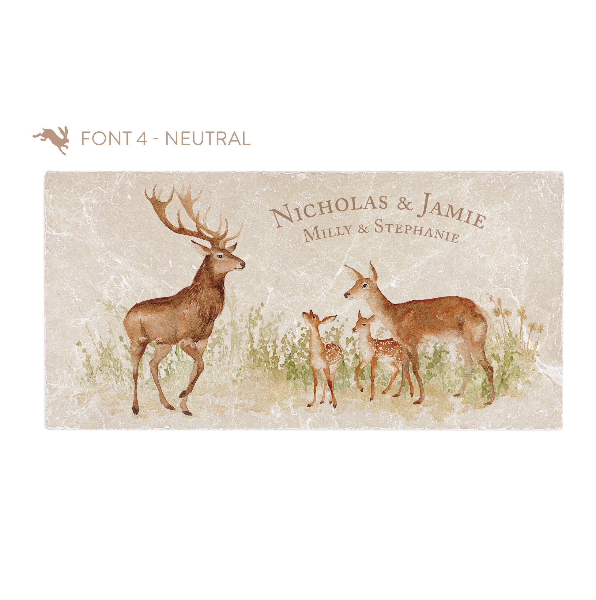 A personalised rectangular marble sharing platter featuring a family of deer in a watercolour style. The example personalised neutral colour text has examples of family member's names in a classic serif font.