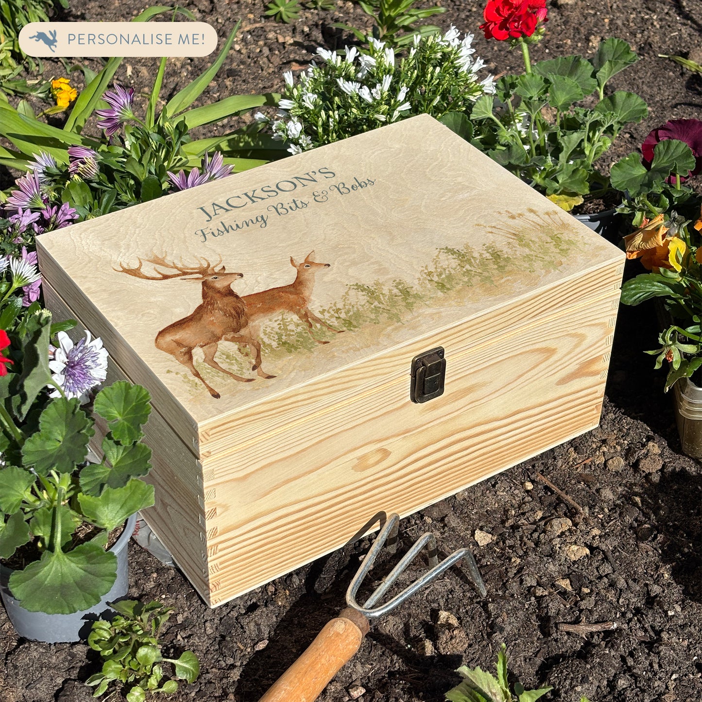 Large wooden pine gift box, The perfect Personalised keepsake, memory box, storage box with a stag and doe wandering in a grass meadow. The design features our classic gentle watercolour style.
