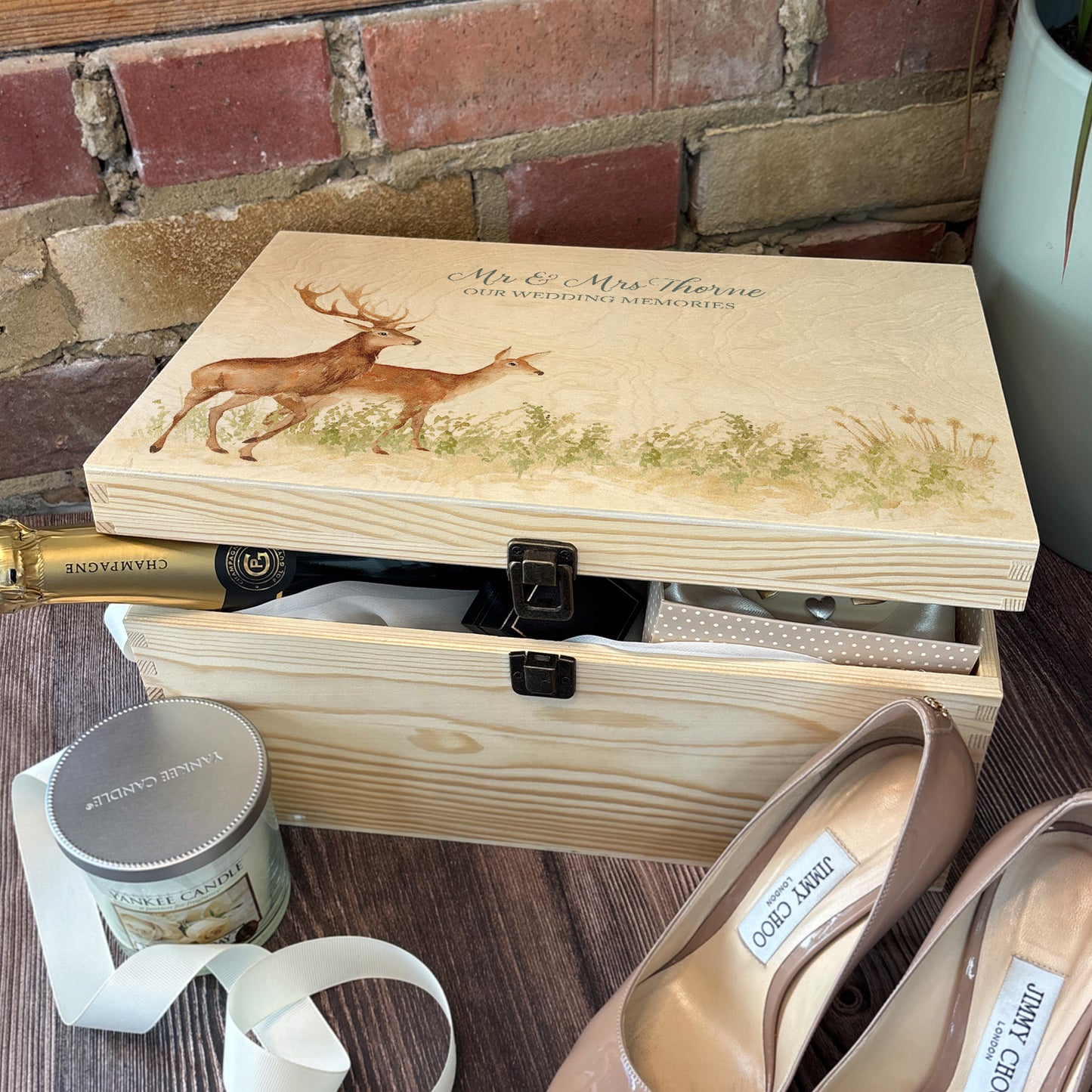 Large wooden pine gift box, The perfect Personalised keepsake, memory box, storage box with a stag and doe wandering in a grass meadow. The design features our classic gentle watercolour style.