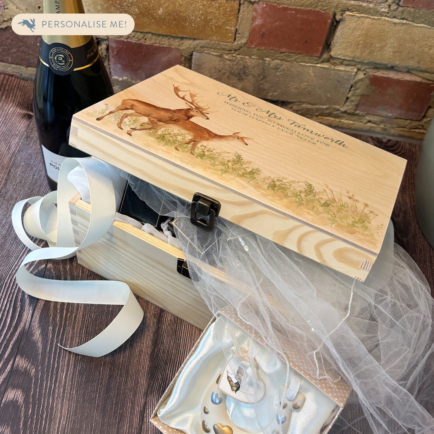 Medium wooden pine gift box, The perfect Personalised keepsake, memory box, storage box with a stag and doe wandering in a grass meadow. The design features our classic gentle watercolour style. great stacker, storage solution for your special keepsakes.