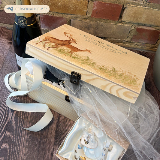 Medium wooden pine gift box, The perfect Personalised keepsake, memory box, storage box with  a stag and doe wandering in a grass meadow. The design  features our classic gentle watercolour style.  great stacker, storage solution for your special keepsakes.