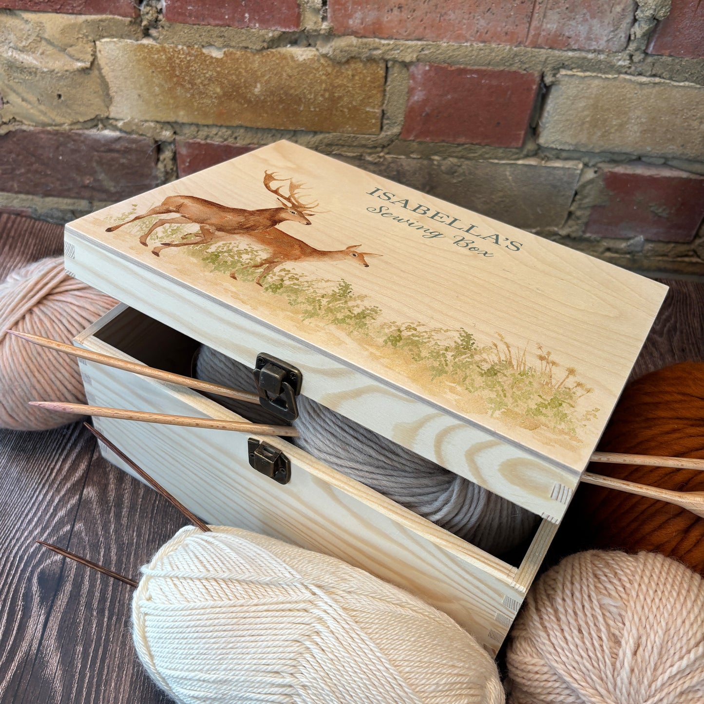 Medium wooden pine gift box, The perfect Personalised keepsake, memory box, storage box with a stag and doe wandering in a grass meadow. The design features our classic gentle watercolour style. great stacker, storage solution for your special keepsakes.