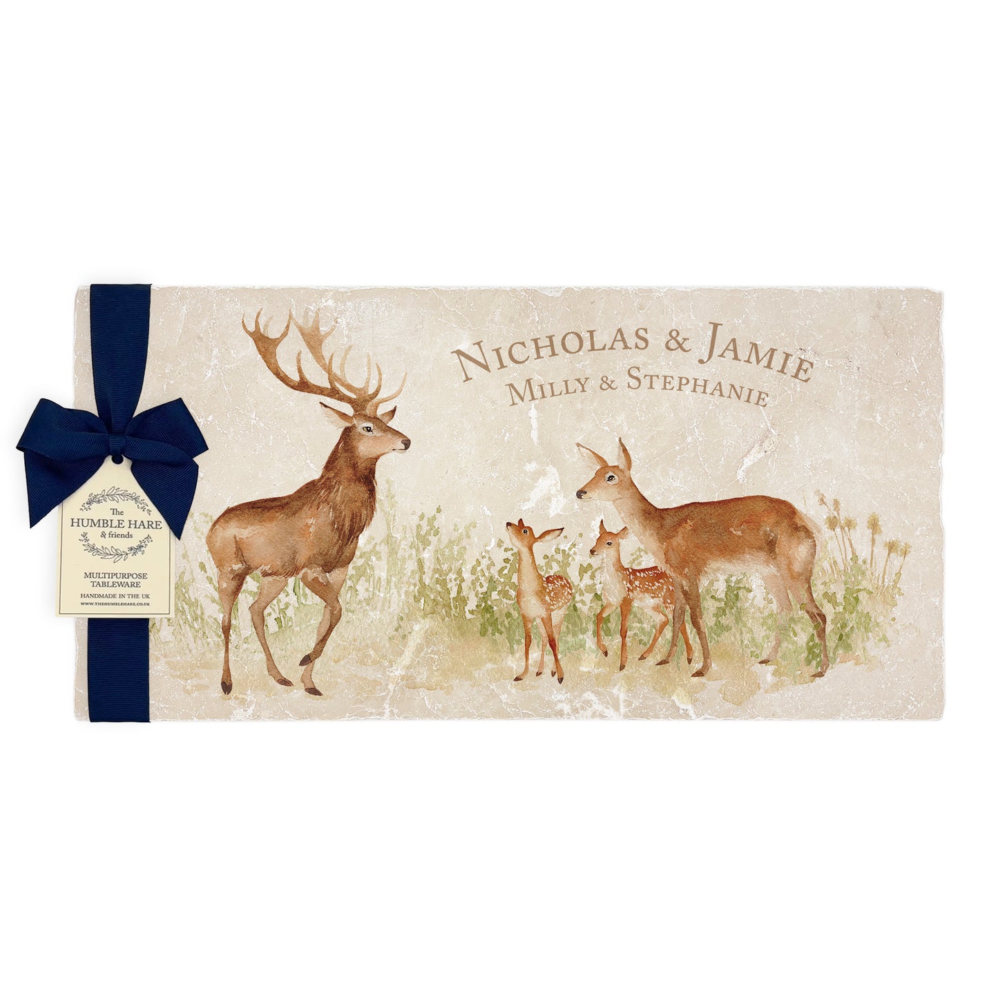 A personalised marble sharing platter featuring a family of deer a watercolour style, packaged with a luxurious dark blue bow and branded gift tag.