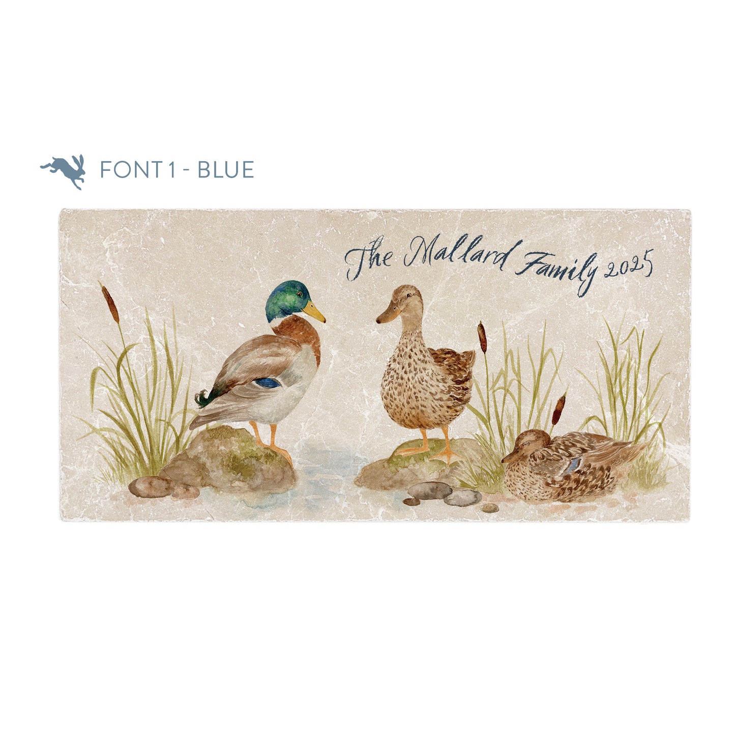A personalised rectangular marble sharing platter featuring ducks by a pond in a watercolour style. The example personalised blue text reads ‘The Mallard Family 2025' in a brush script font.